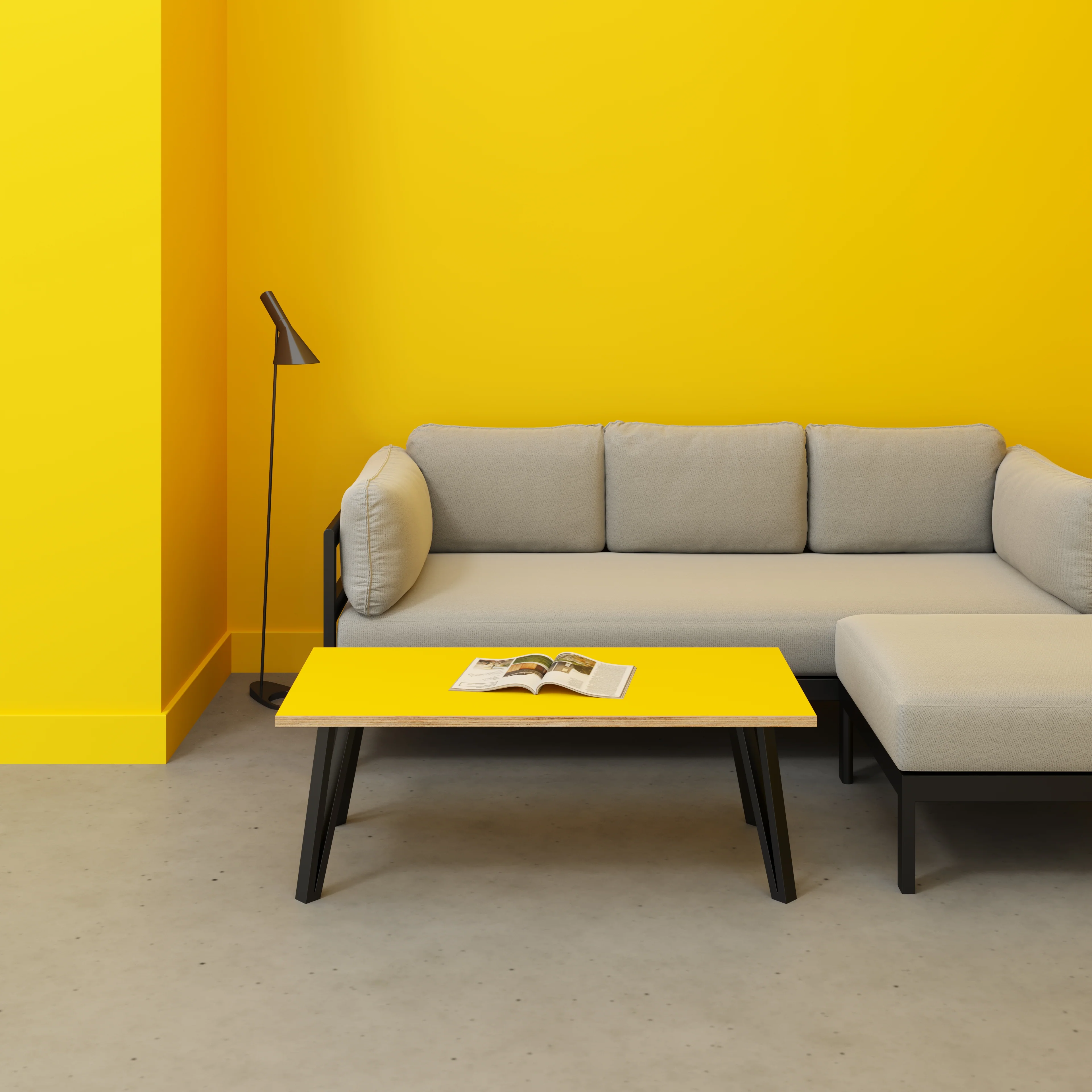 Plywood Coffee Table with Black Box Hairpin Legs - Formica Chrome Yellow - 1200(w) x 600(d) x 425(h) - Image 2