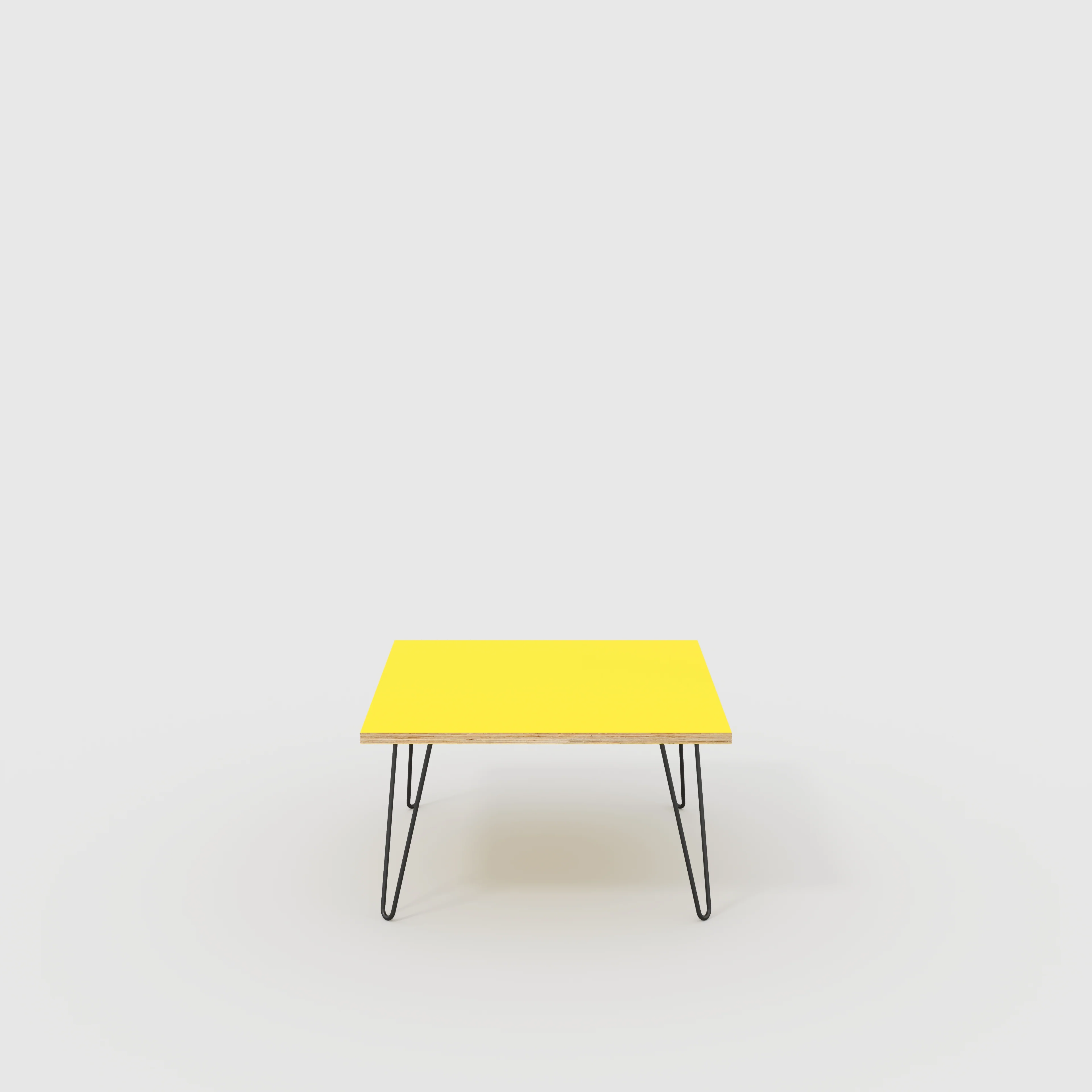 Plywood Coffee Table with Black Hairpin Legs - Formica Chrome Yellow - 800(w) x 800(d) x 425(h)