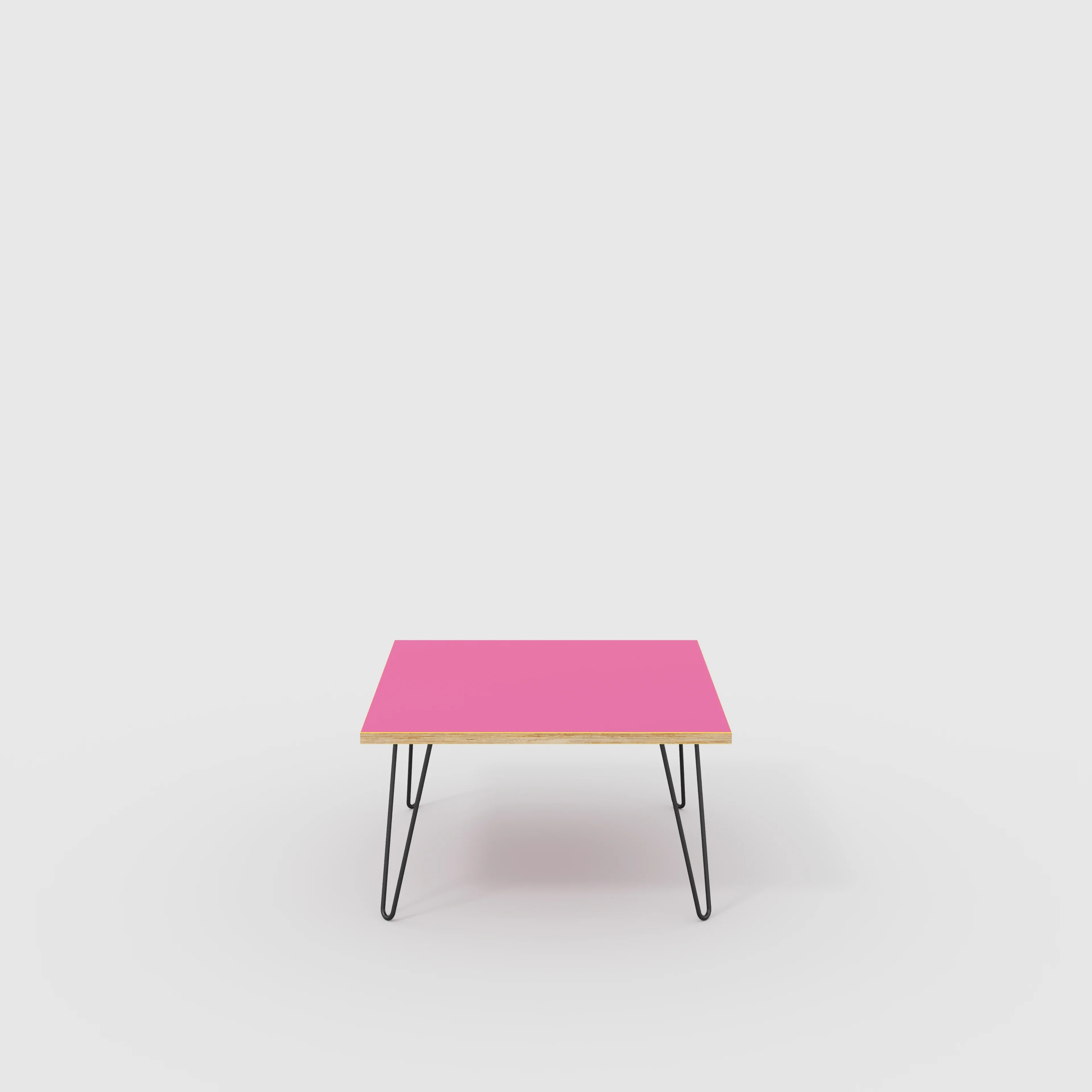 Plywood Coffee Table with Black Hairpin Legs - Formica Juicy Pink - 800(w) x 800(d) x 425(h)