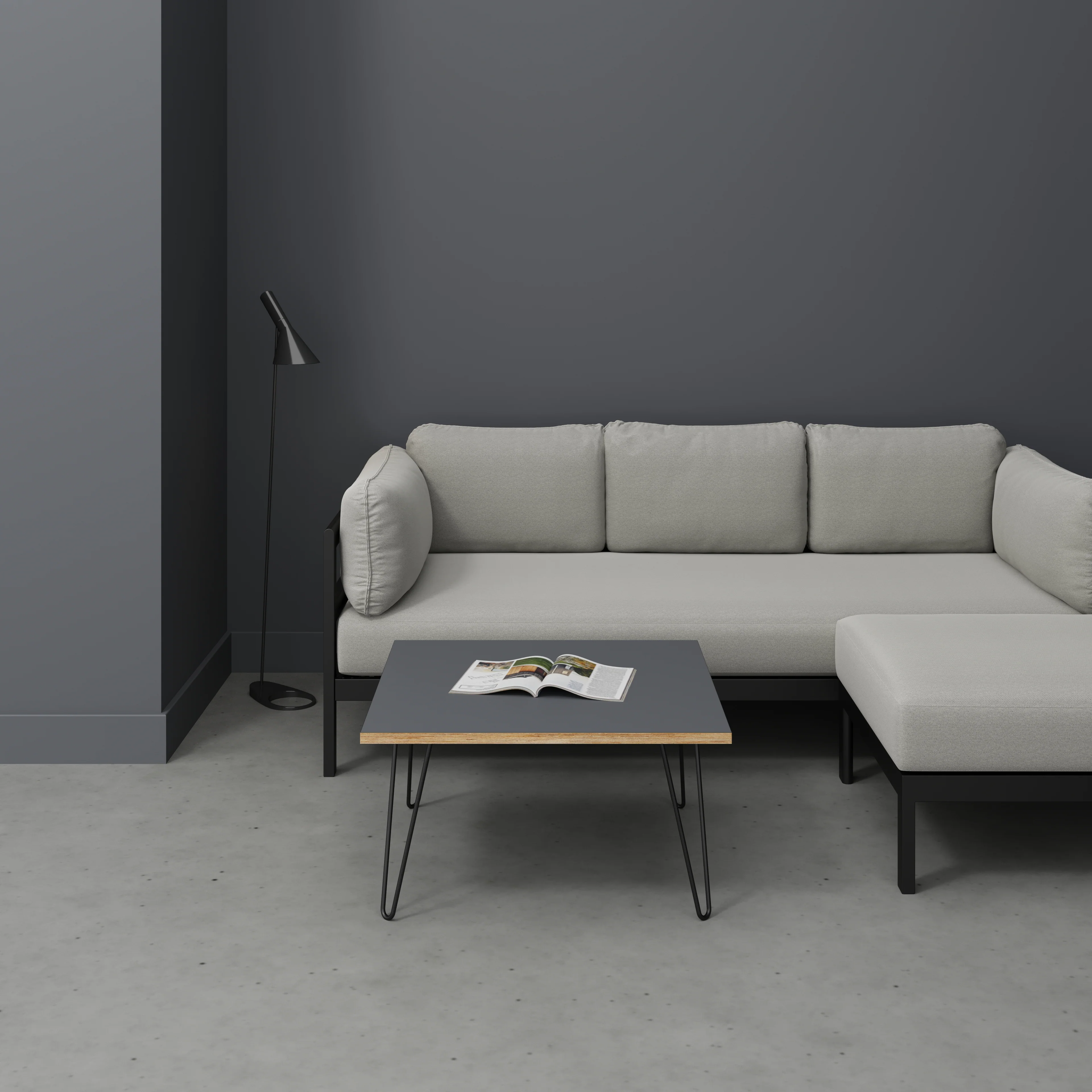 Plywood Coffee Table with Black Hairpin Legs - Formica Tornado Grey - 800(w) x 800(d) x 425(h) - Image 2