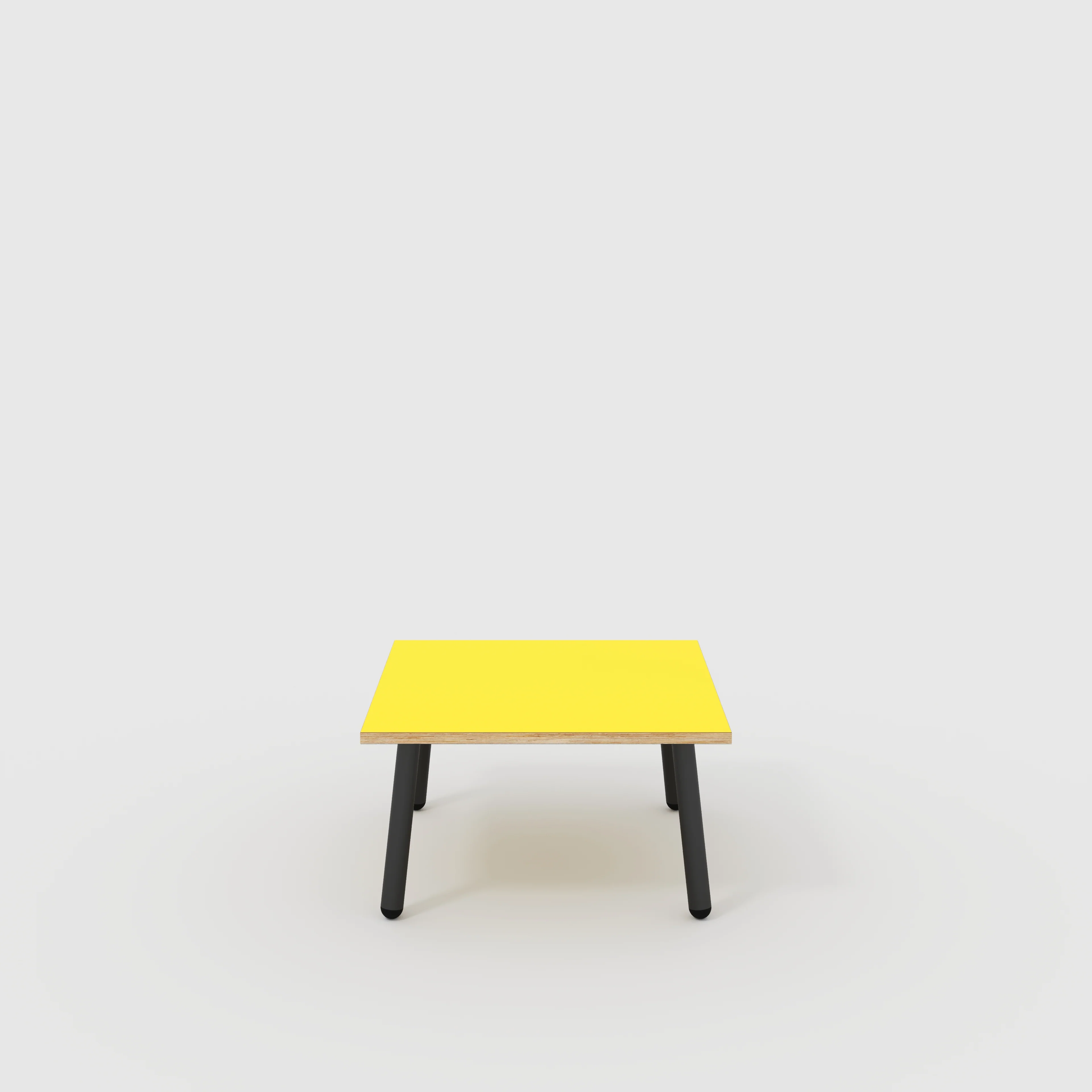 Plywood Coffee Table with Black Round Single Pin Legs - Formica Chrome Yellow - 800(w) x 800(d) x 425(h)