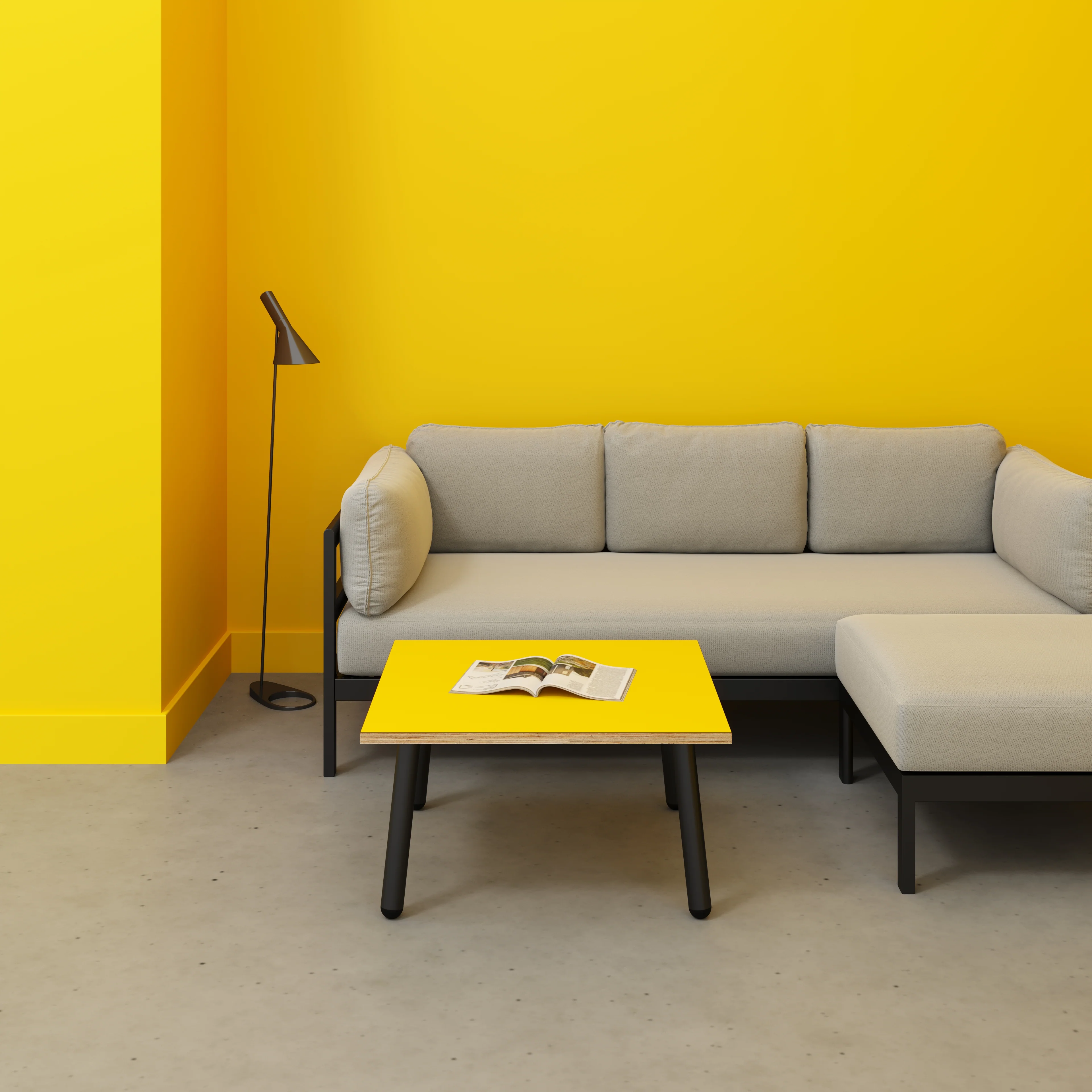 Plywood Coffee Table with Black Round Single Pin Legs - Formica Chrome Yellow - 800(w) x 800(d) x 425(h) - Image 2