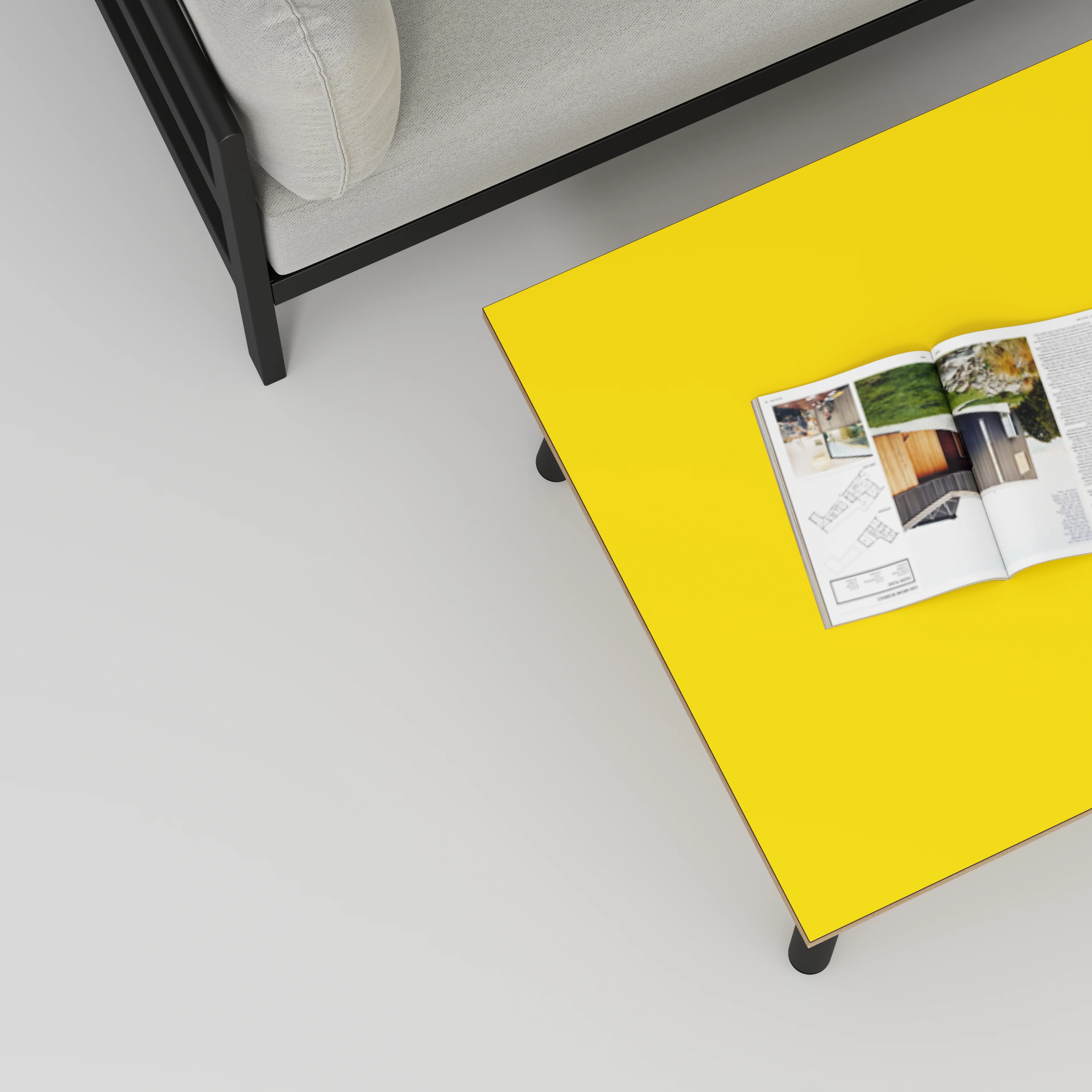 Plywood Coffee Table with Black Round Single Pin Legs - Formica Chrome Yellow - 800(w) x 800(d) x 425(h) - Image 3
