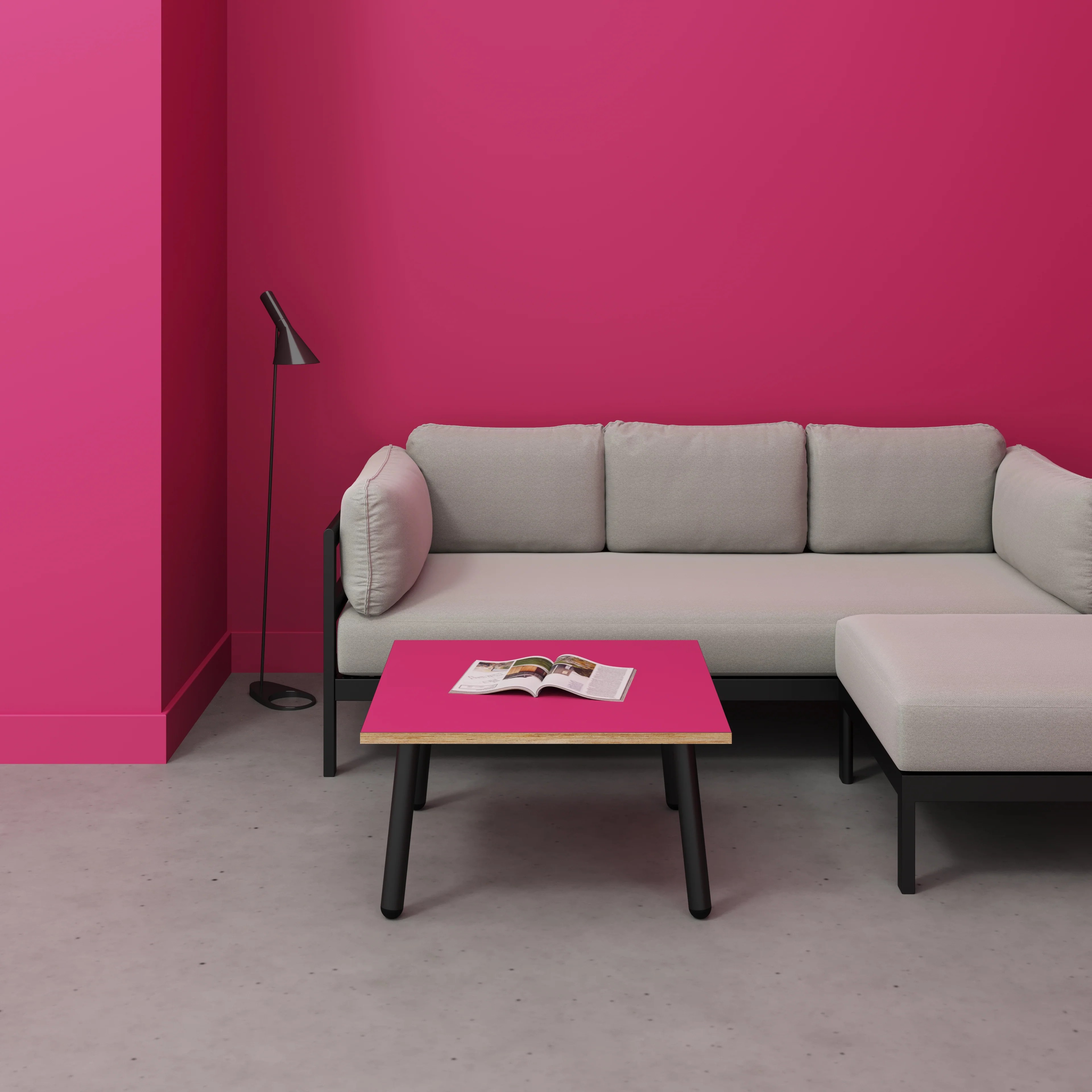 Plywood Coffee Table with Black Round Single Pin Legs - Formica Juicy Pink - 800(w) x 800(d) x 425(h) - Image 2