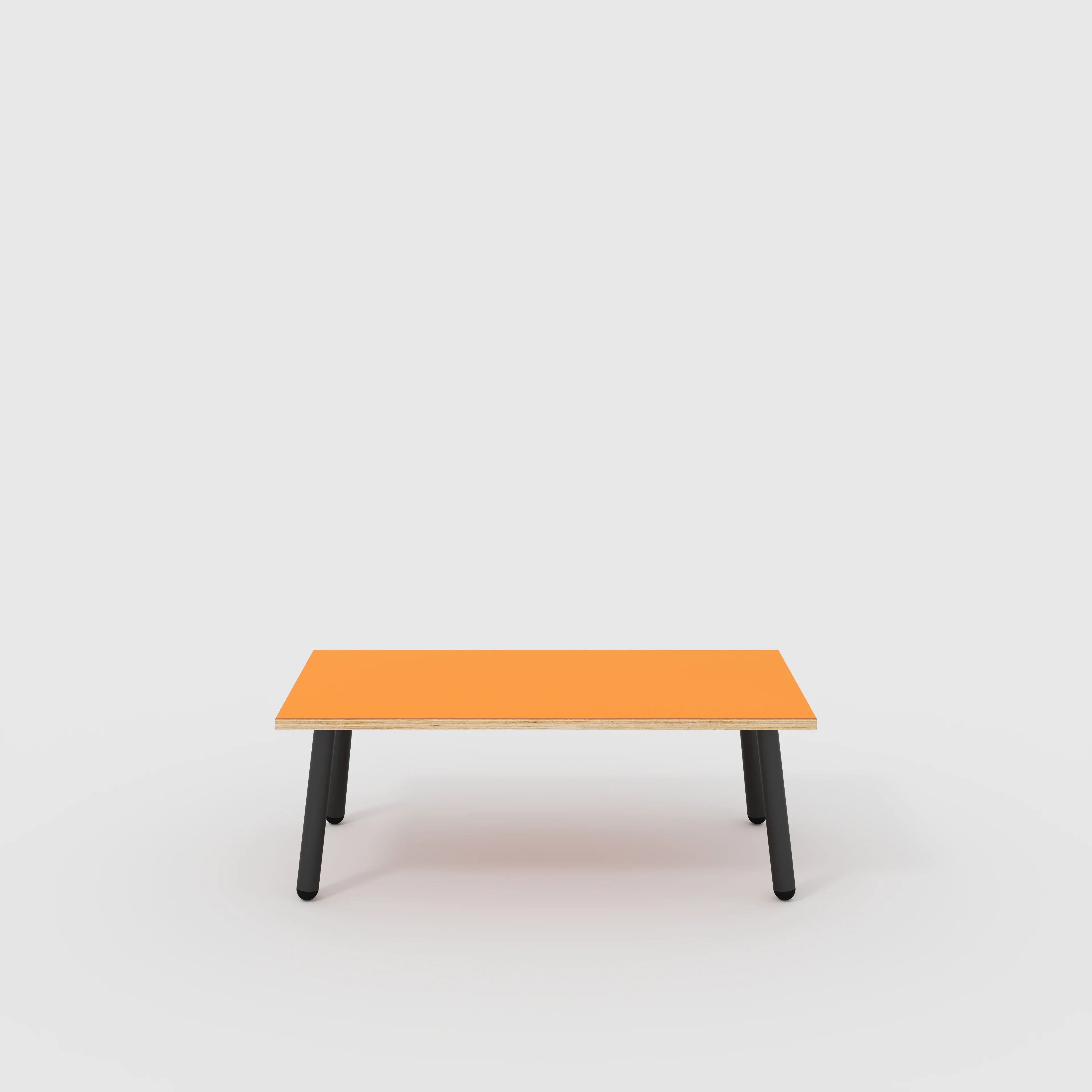 Plywood Coffee Table with Black Round Single Pin Legs - Formica Levante Orange - 1200(w) x 600(d) x 425(h)
