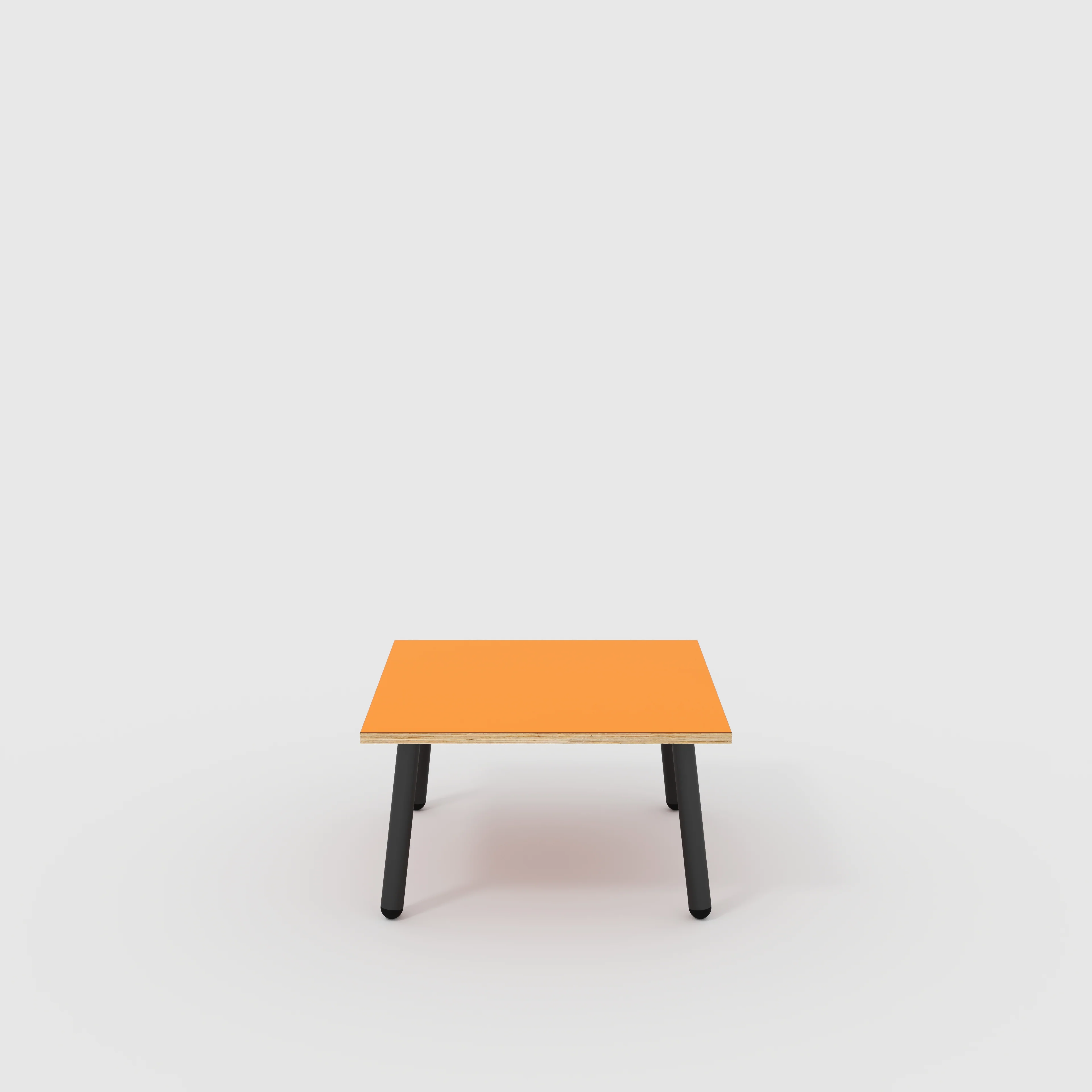 Plywood Coffee Table with Black Round Single Pin Legs - Formica Levante Orange - 800(w) x 800(d) x 425(h)