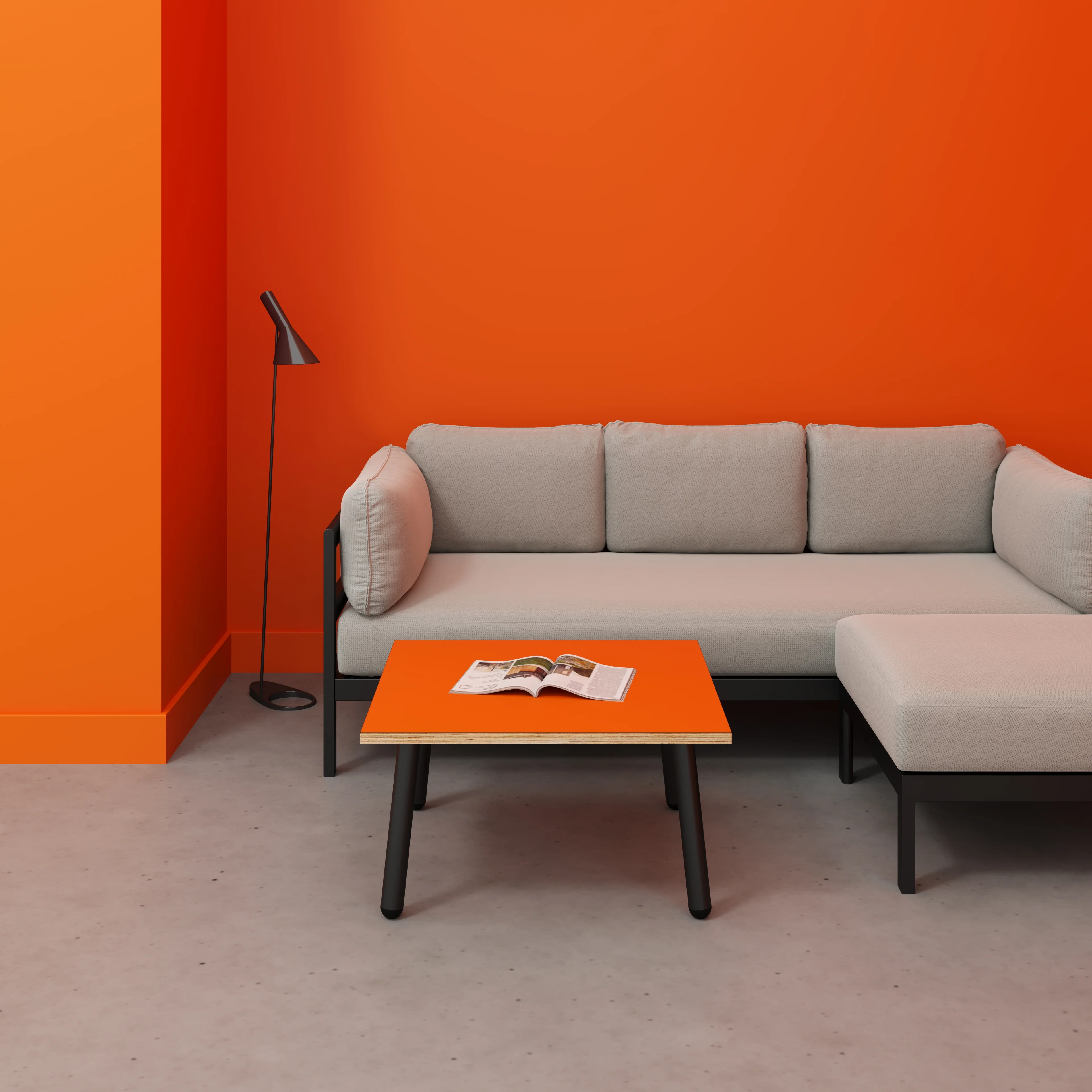 Plywood Coffee Table with Black Round Single Pin Legs - Formica Levante Orange - 800(w) x 800(d) x 425(h) - Image 2