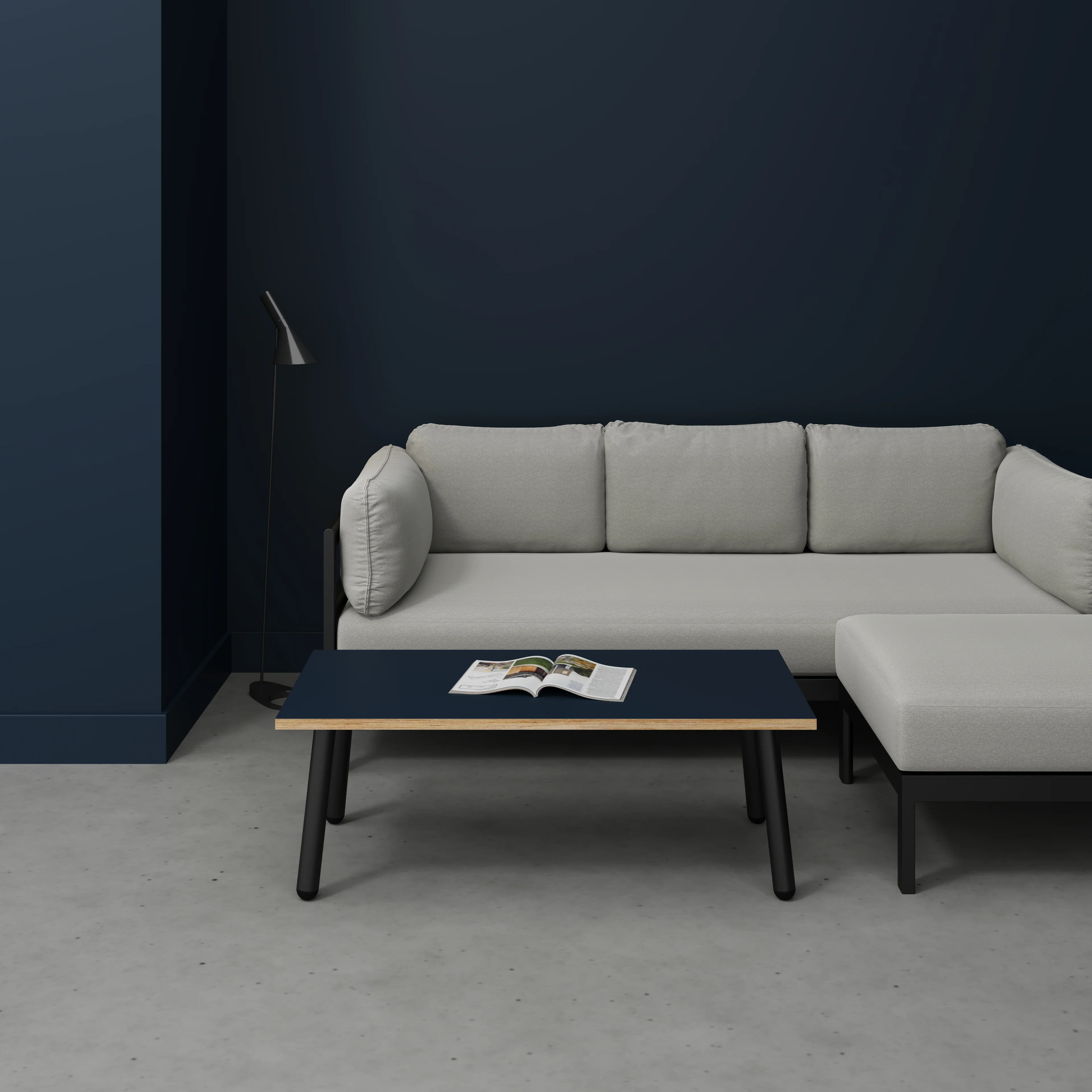 Plywood Coffee Table with Black Round Single Pin Legs - Formica Night Sea Blue - 1200(w) x 600(d) x 425(h) - Image 2
