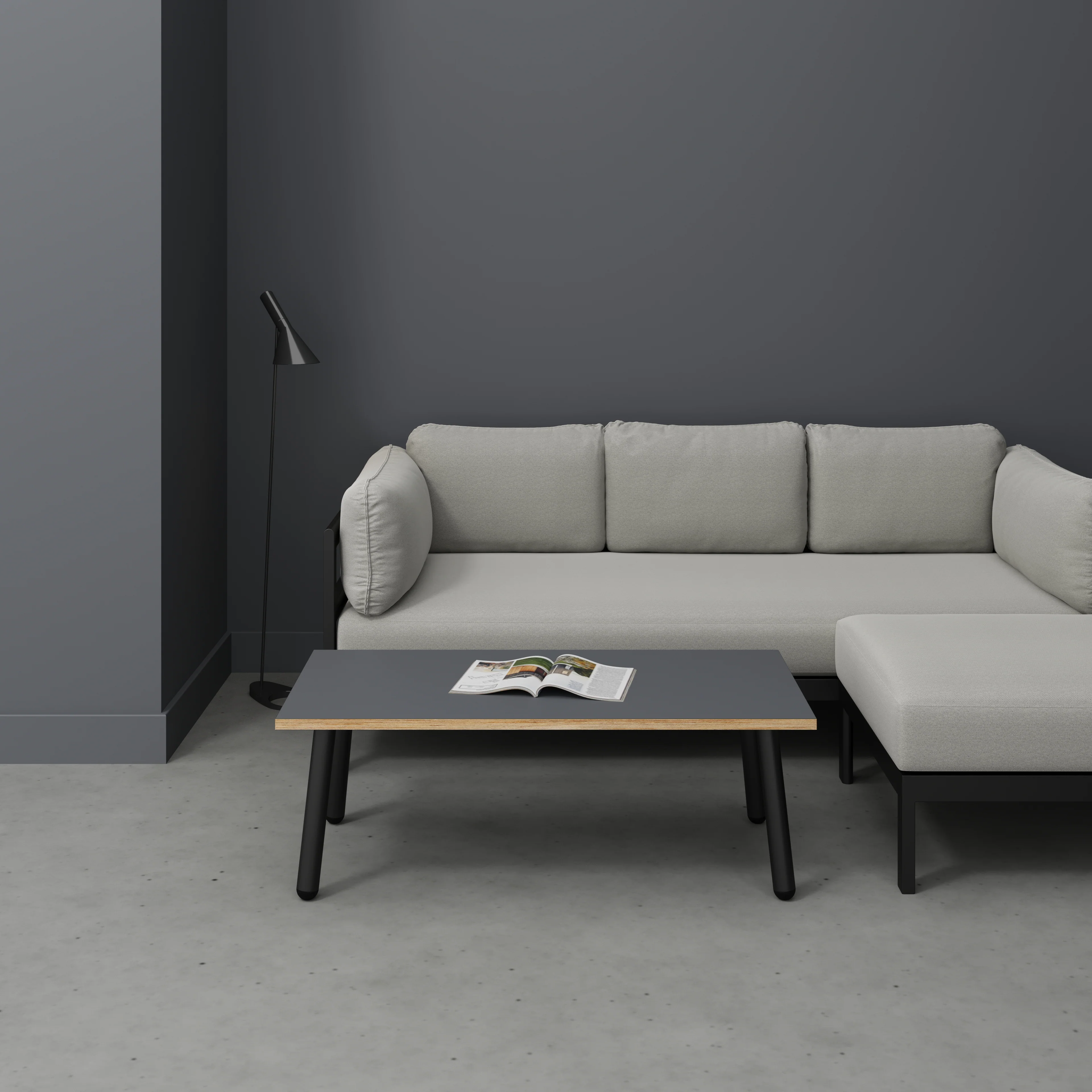 Plywood Coffee Table with Black Round Single Pin Legs - Formica Tornado Grey - 1200(w) x 600(d) x 425(h) - Image 2