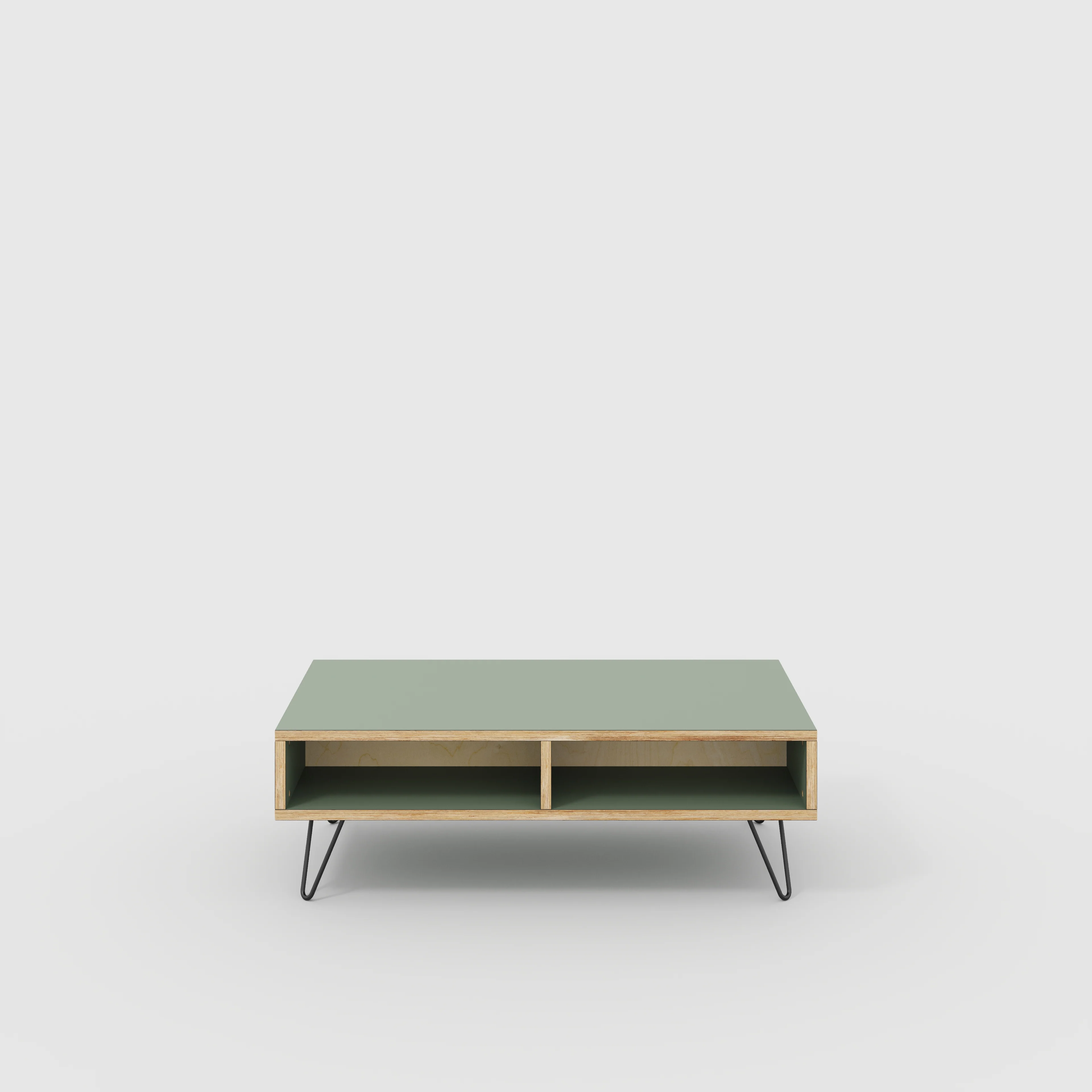 Plywood Coffee Table with Box Storage and Black Hairpin Legs - Formica Green Slate - 1200(w) x 600(d) x 400(h)