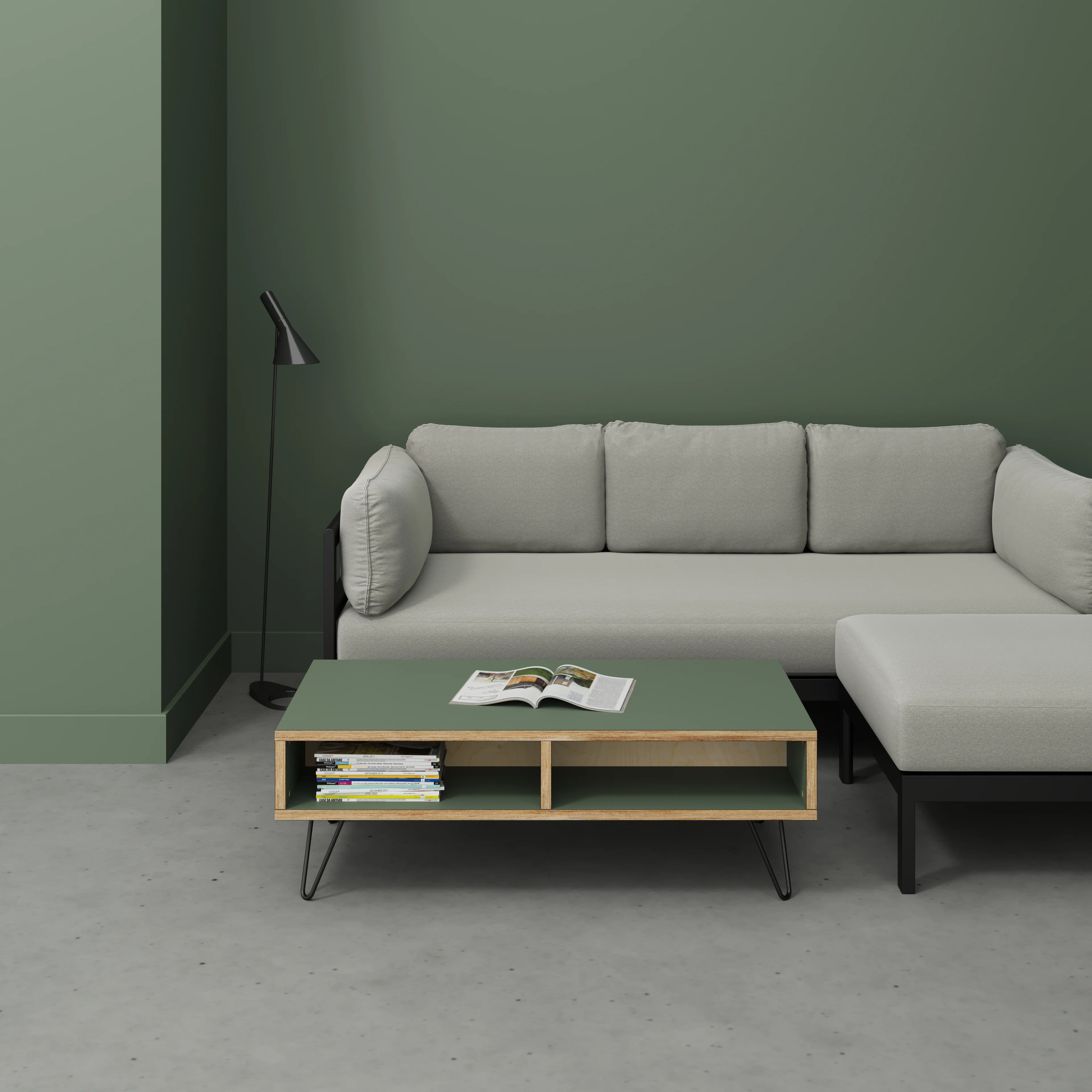Plywood Coffee Table with Box Storage and Black Hairpin Legs - Formica Green Slate - 1200(w) x 600(d) x 400(h) - Image 2