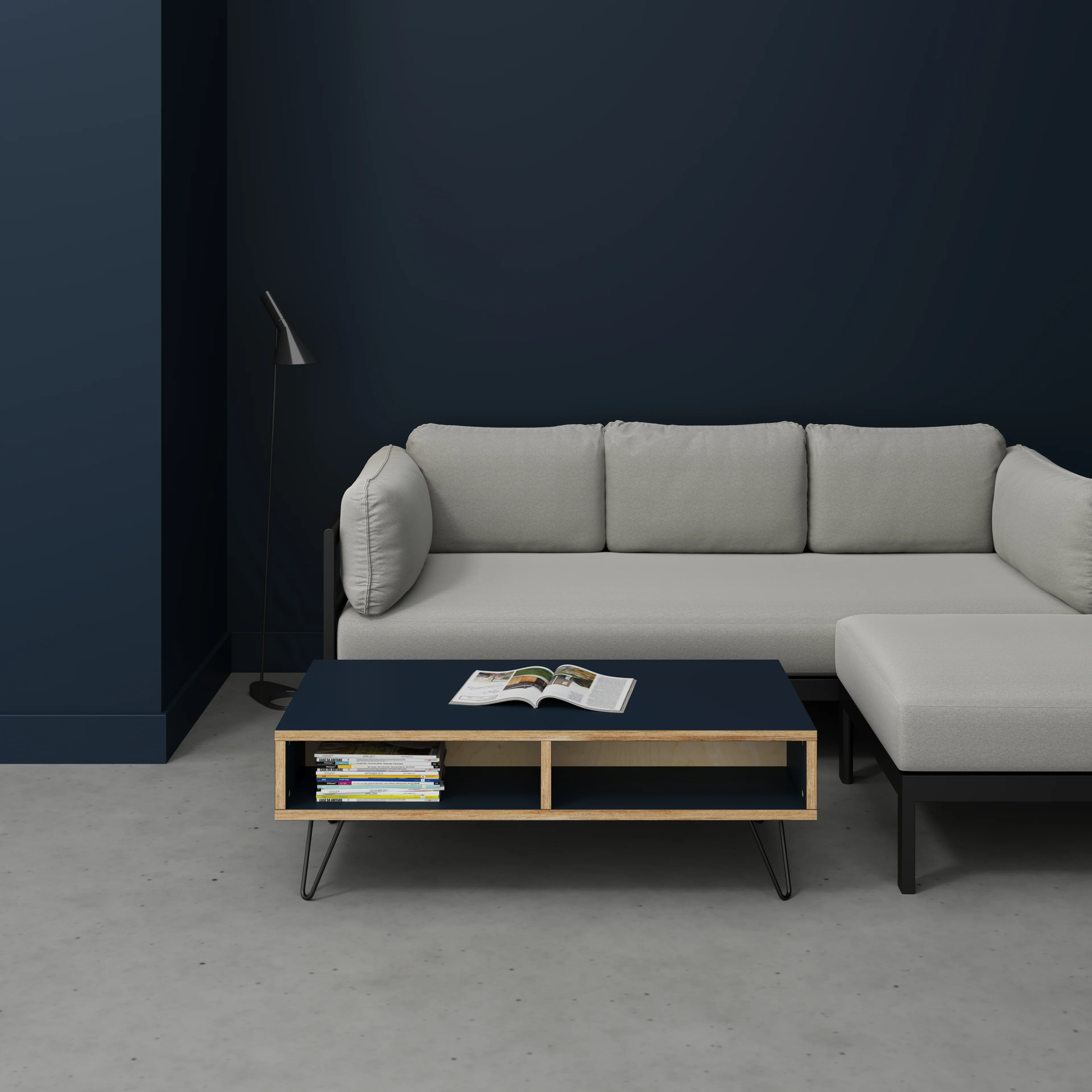 Plywood Coffee Table with Box Storage and Black Hairpin Legs - Formica Night Sea Blue - 1200(w) x 600(d) x 400(h) - Image 2