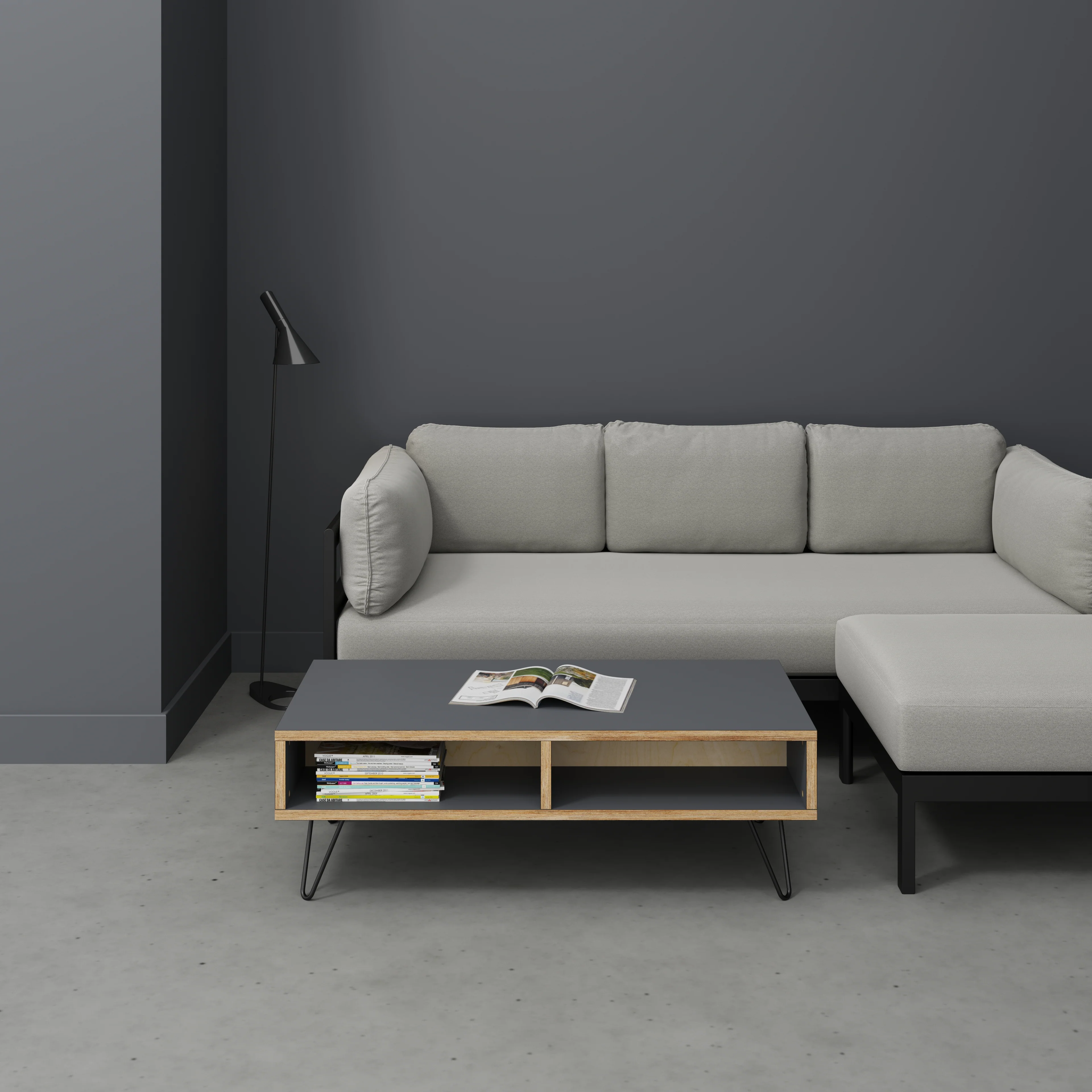 Plywood Coffee Table with Box Storage and Black Hairpin Legs - Formica Tornado Grey - 1200(w) x 600(d) x 400(h) - Image 2