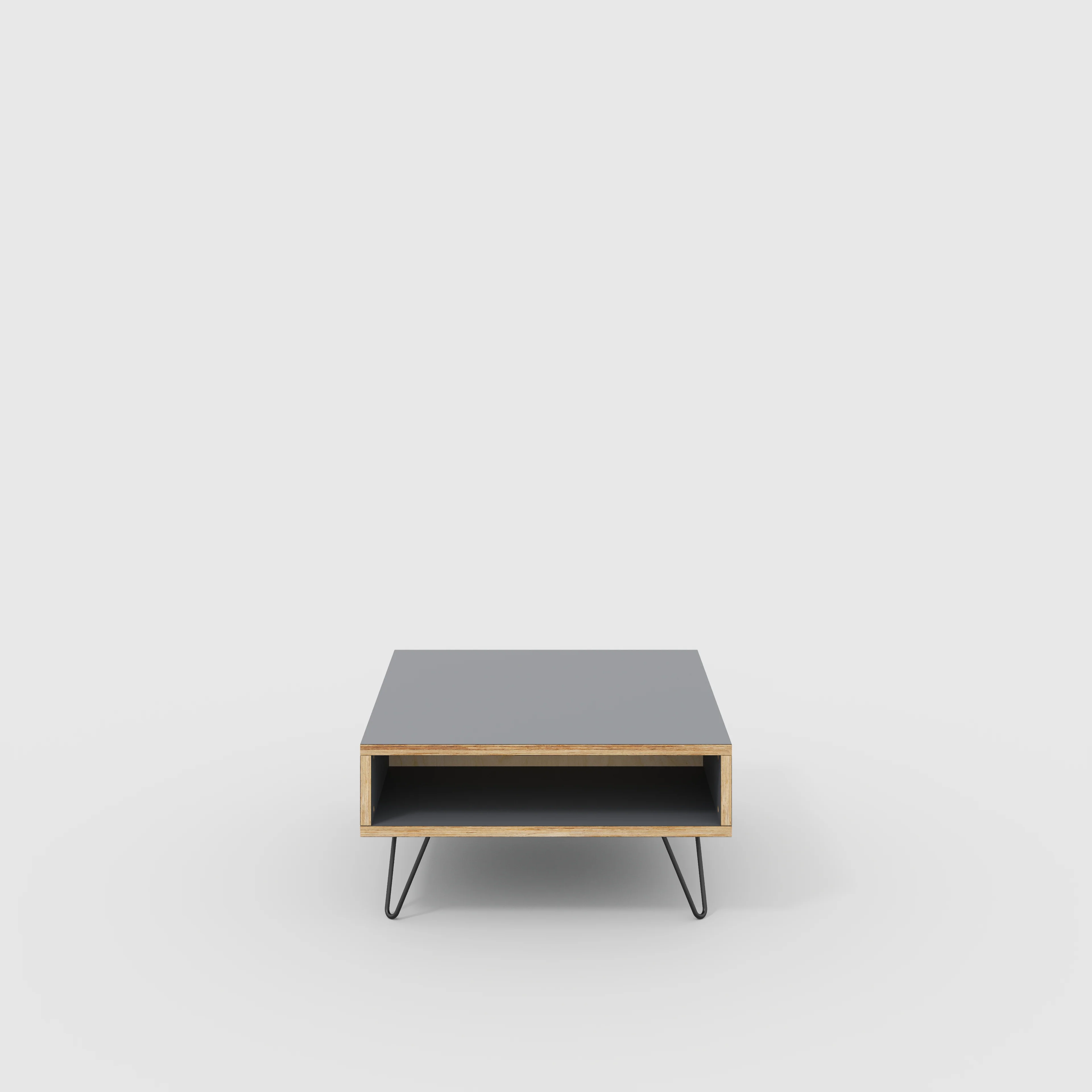 Plywood Coffee Table with Box Storage and Black Hairpin Legs - Formica Tornado Grey - 800(w) x 800(d) x 400(h)