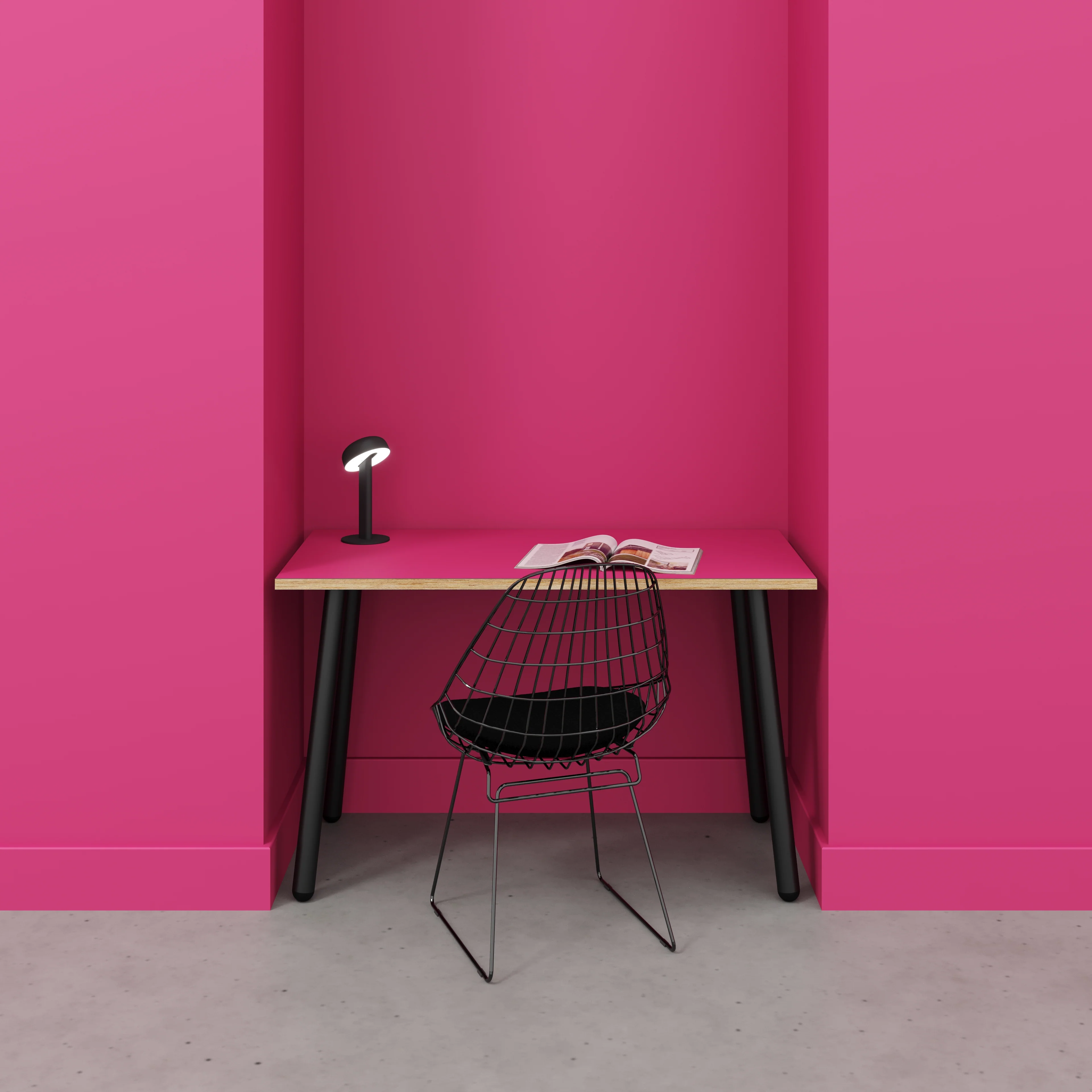 Plywood Desk with Black Round Single Pin Legs - Formica Juicy Pink - 1200(w) x 600(d) x 735(h) - Image 2