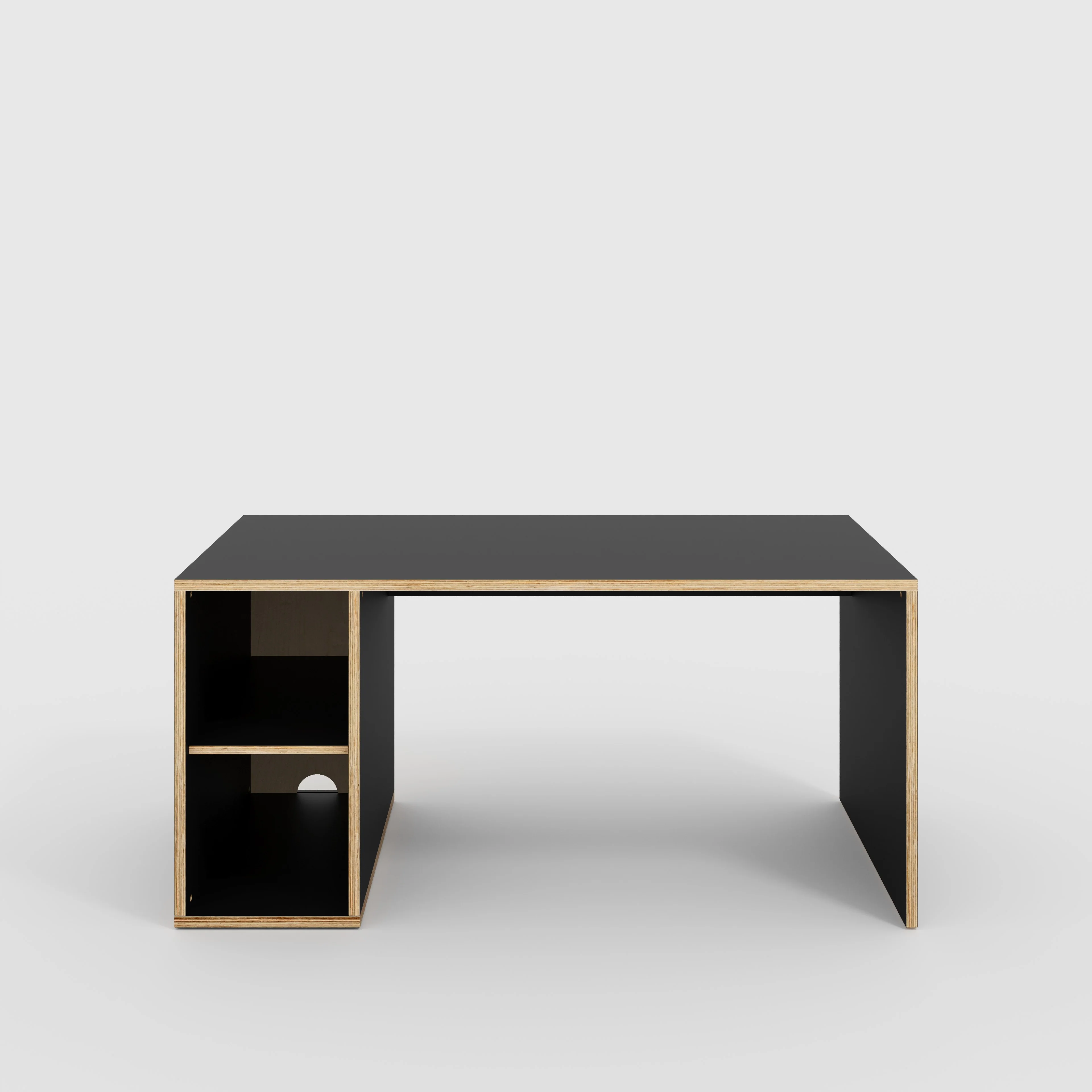 Plywood Desk with Storage Type 1 LH - Open Shelves - Formica Diamond Black - 1600(w) x 800(d) x 750(h)