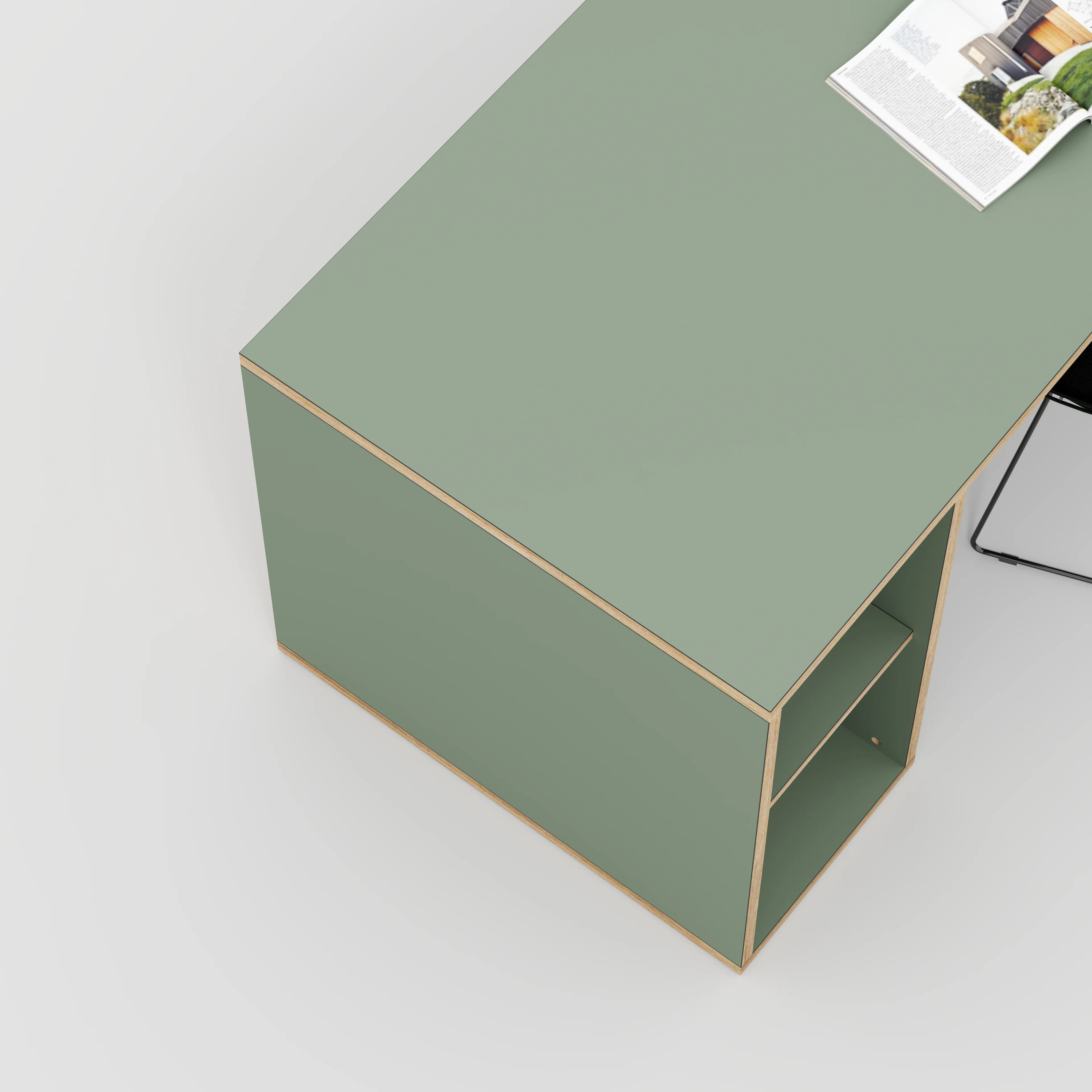 Plywood Desk with Storage Type 1 LH - Open Shelves - Formica Green Slate - 2000(w) x 800(d) x 750(h) - Image 3