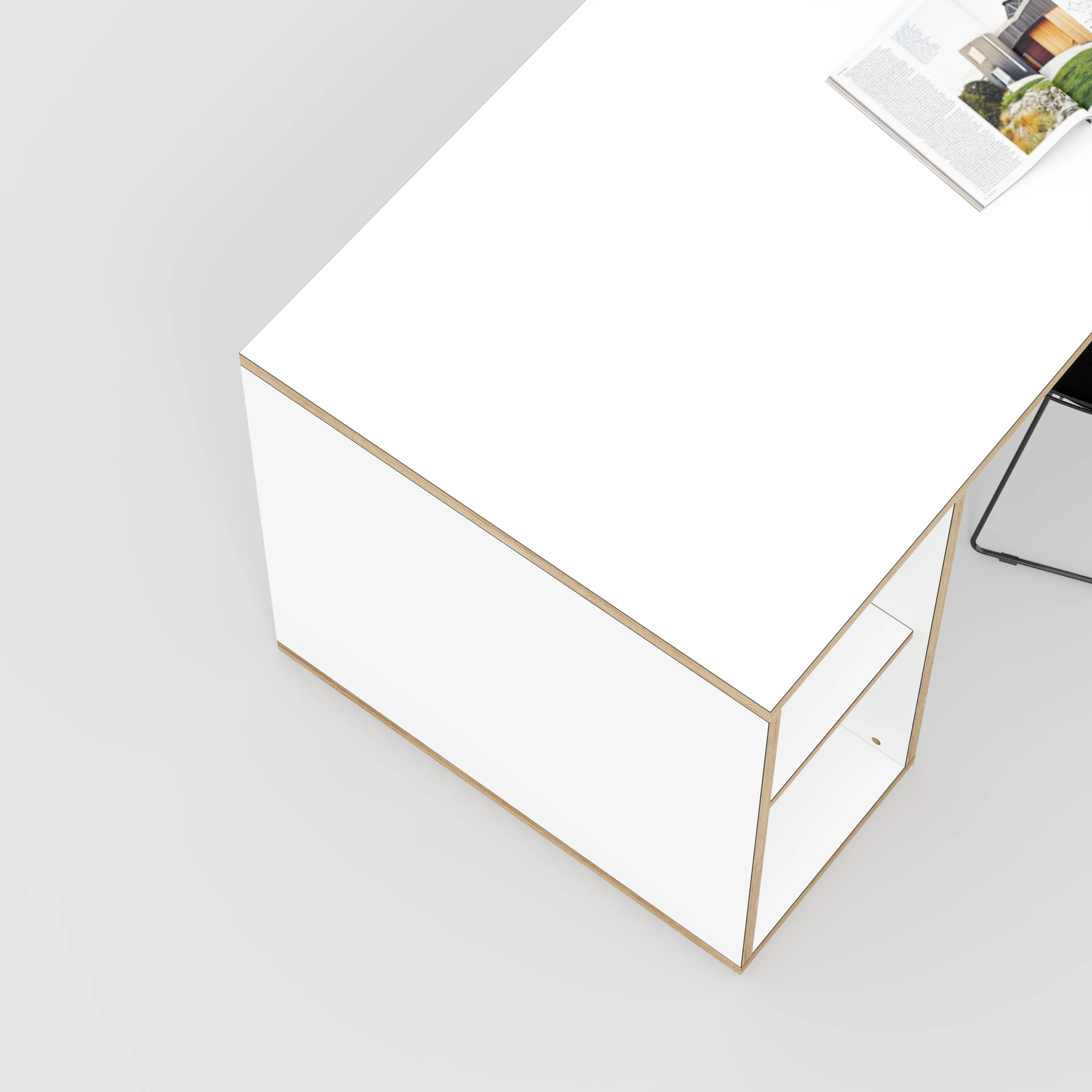 Plywood Desk with Storage Type 1 LH - Open Shelves - Formica White - 1600(w) x 800(d) x 750(h) - Image 3