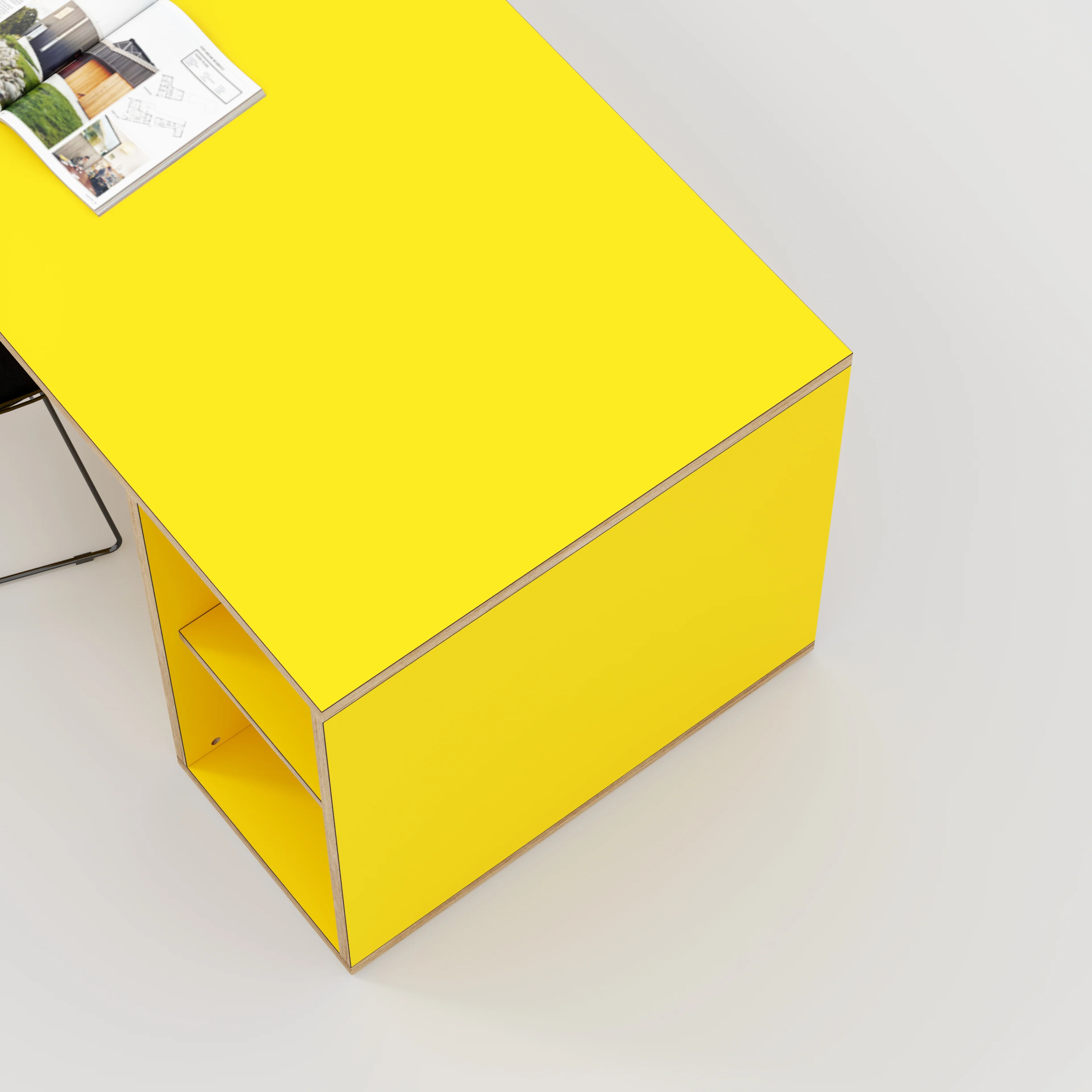 Plywood Desk with Storage Type 1 RH - Open Shelves - Formica Chrome Yellow - 1600(w) x 800(d) x 750(h) - Image 3