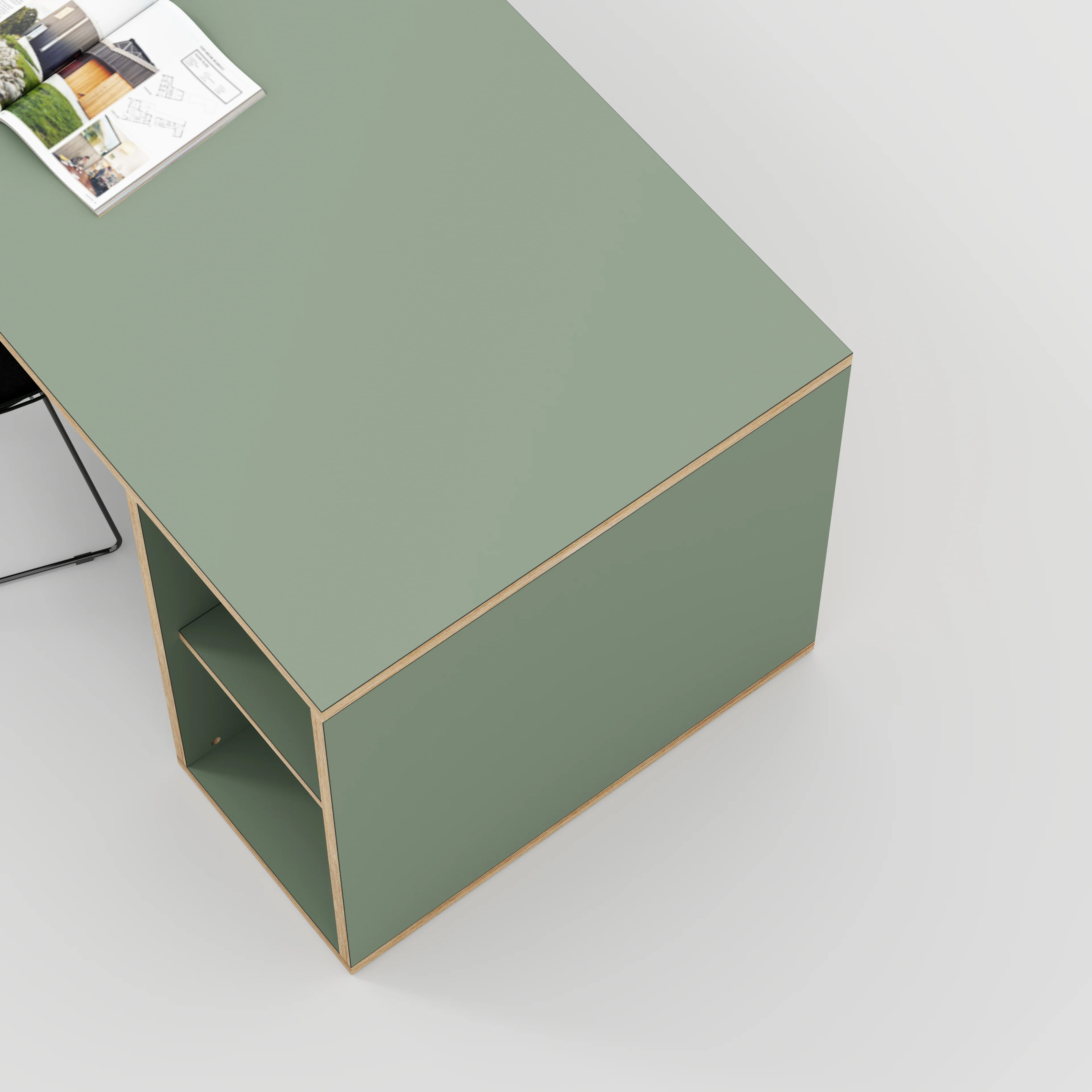 Plywood Desk with Storage Type 1 RH - Open Shelves - Formica Green Slate - 2000(w) x 800(d) x 750(h) - Image 3