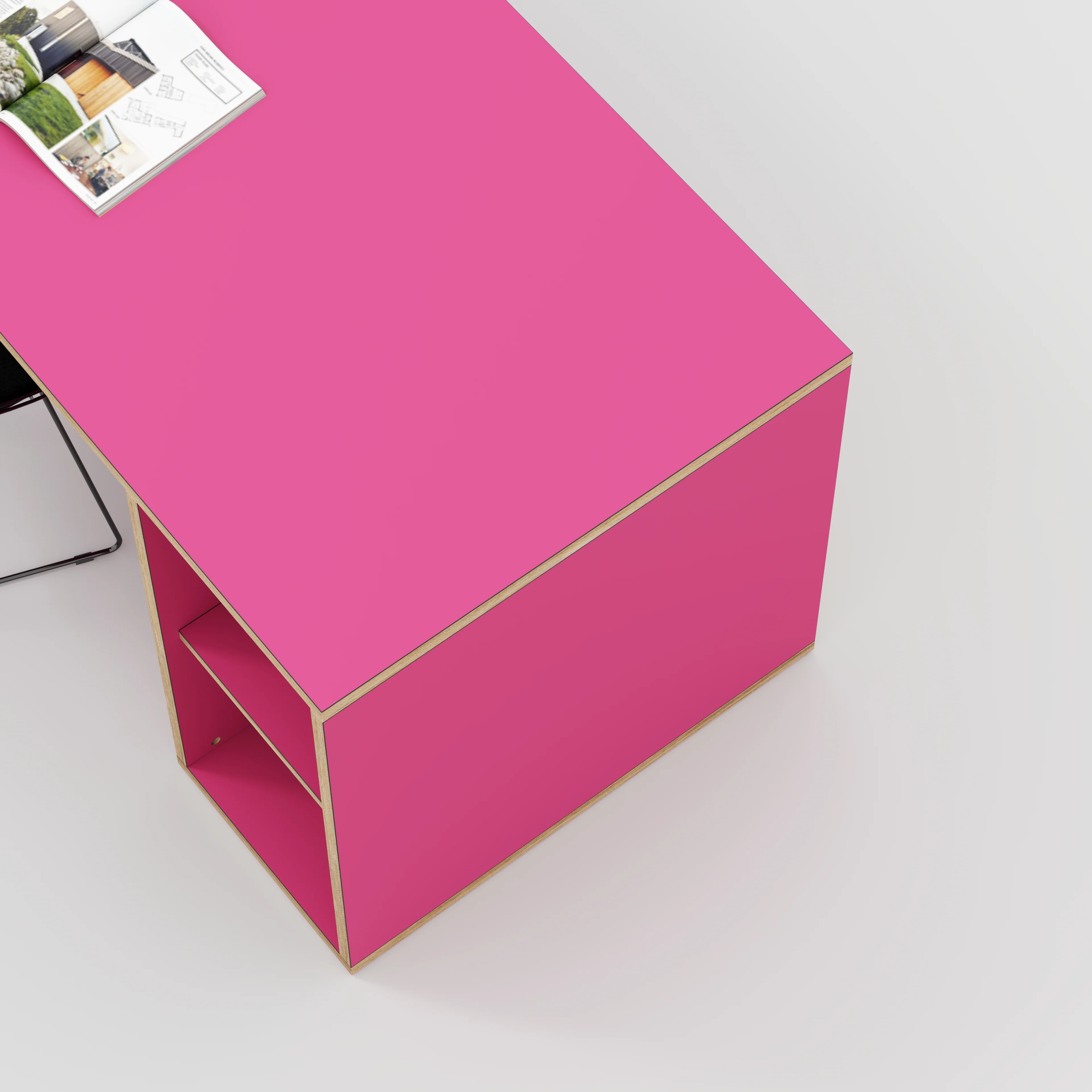 Plywood Desk with Storage Type 1 RH - Open Shelves - Formica Juicy Pink - 2000(w) x 800(d) x 750(h) - Image 3