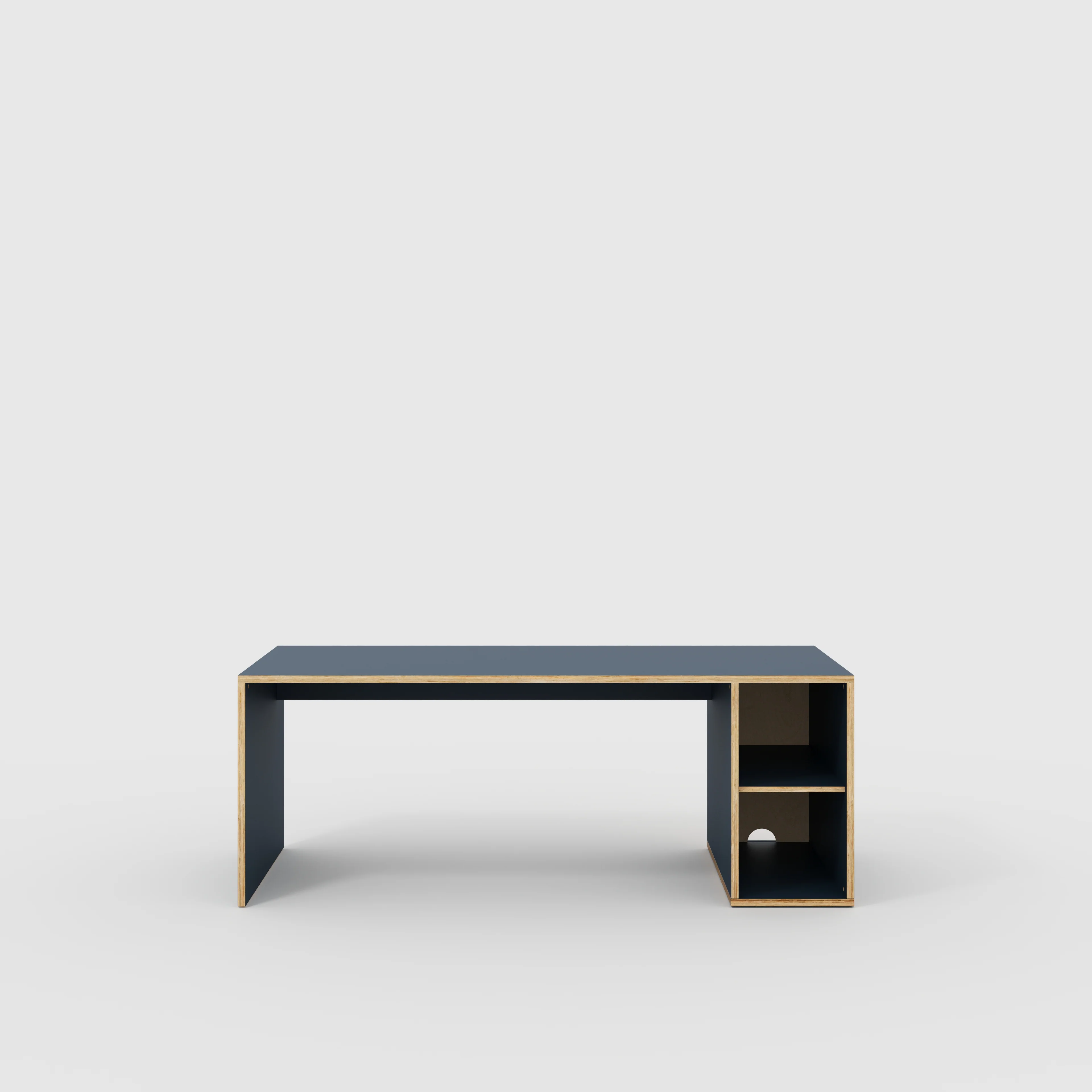 Plywood Desk with Storage Type 1 RH - Open Shelves - Formica Night Sea Blue - 2000(w) x 800(d) x 750(h)