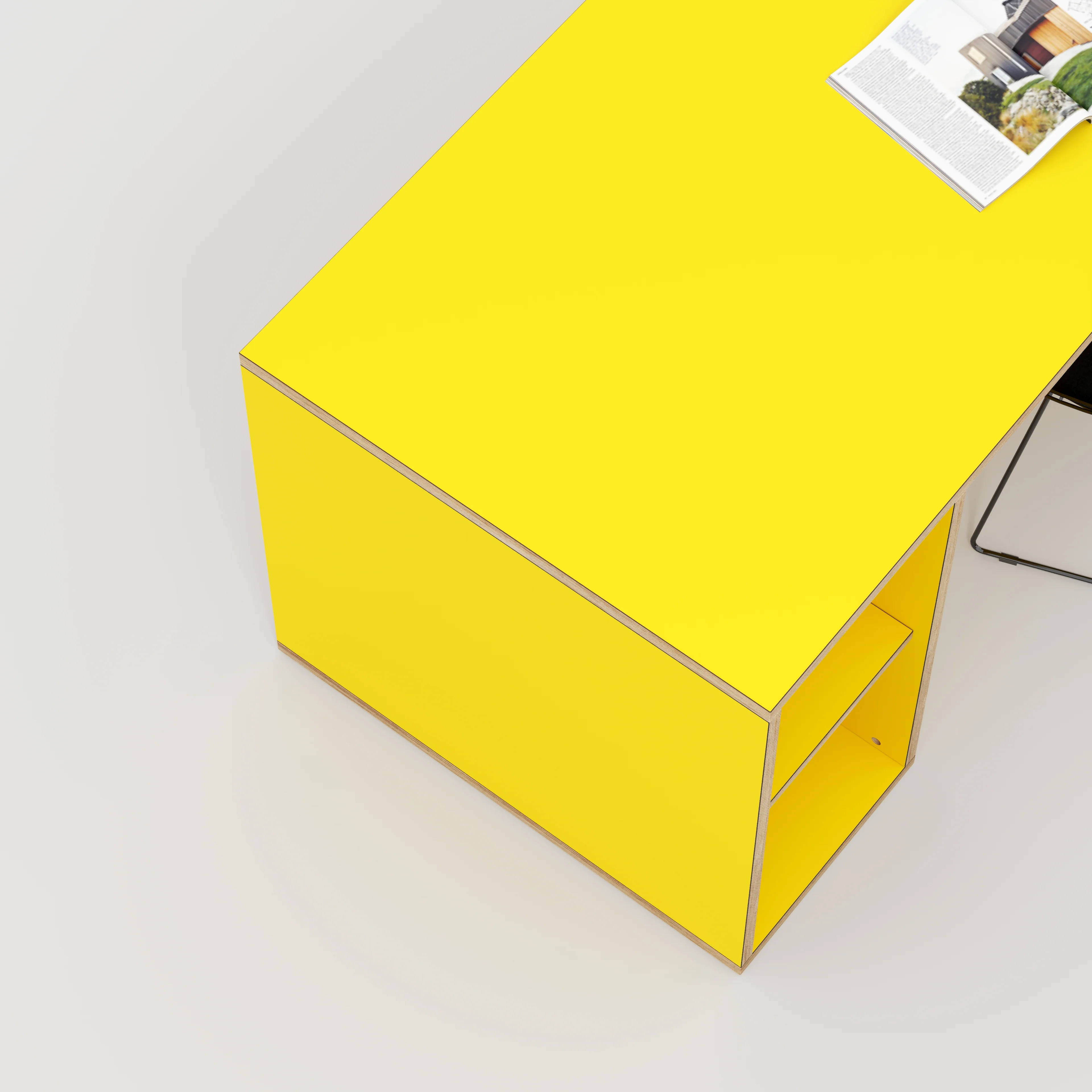 Plywood Desk with Storage Type 2 - Open Shelves - Formica Chrome Yellow - 1600(w) x 800(d) x 750(h) - Image 3