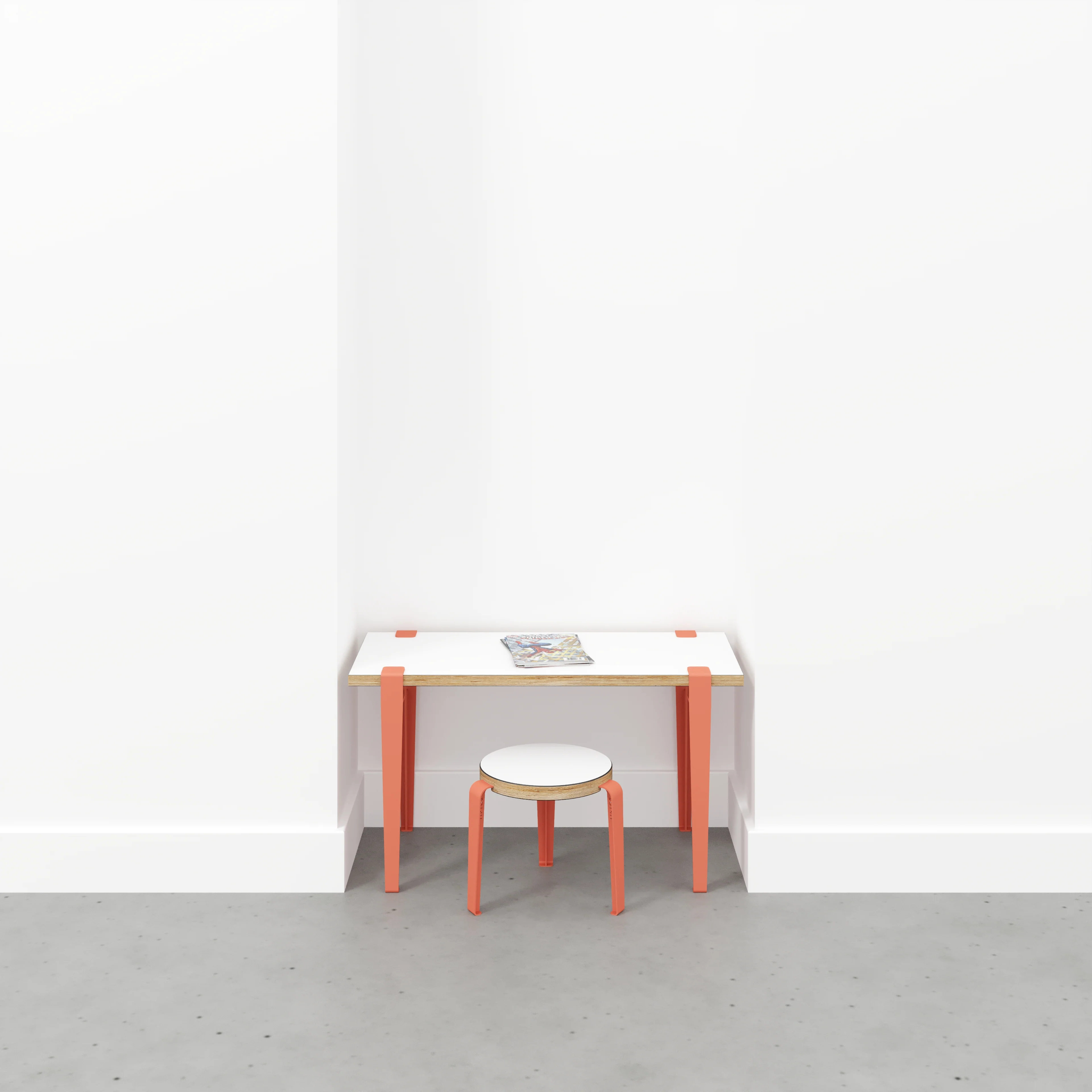 Plywood Kids Desk with Flamingo Pink Tiptoe Legs - Formica White - 800(w) x 400(d) x 500(h) - Image 2