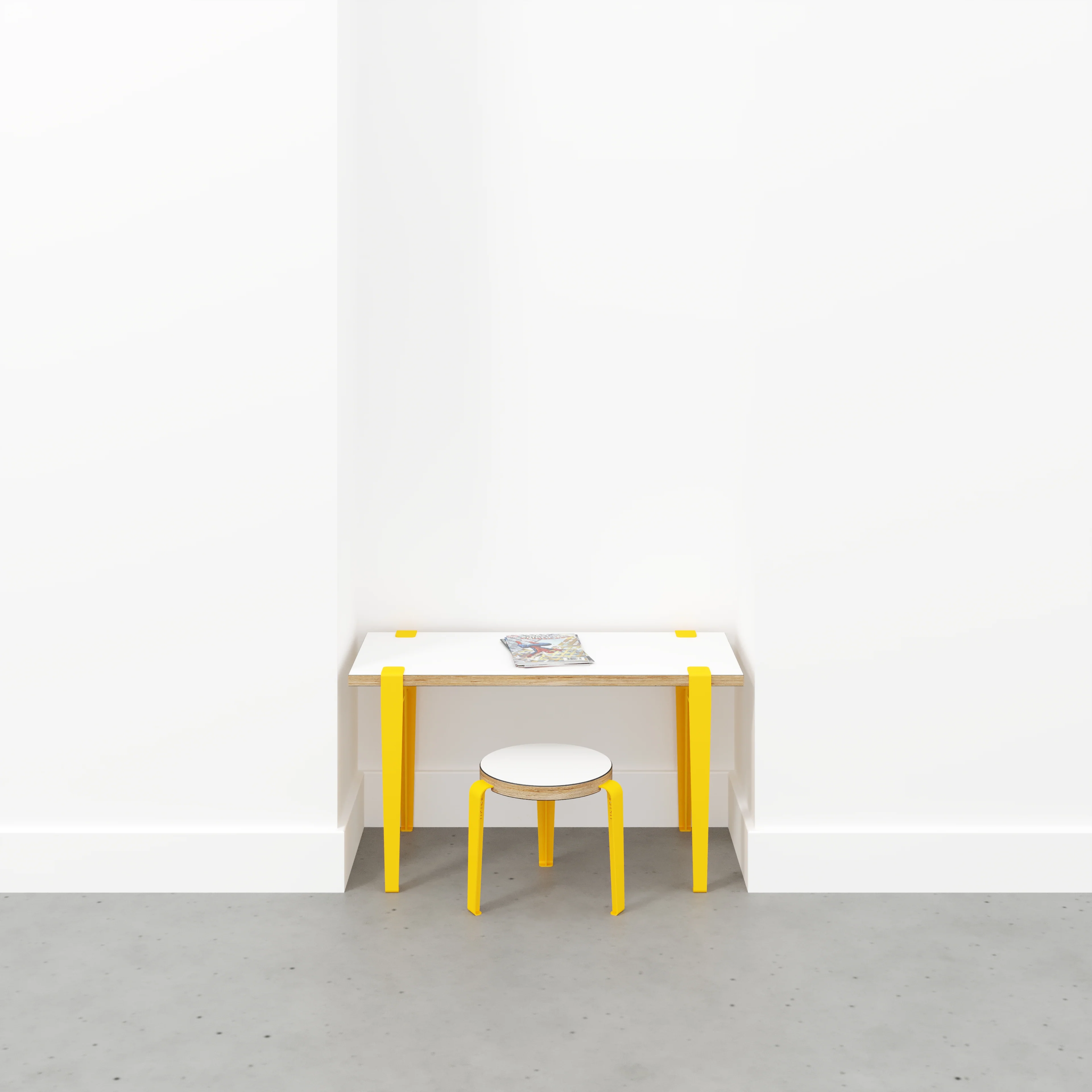 Plywood Kids Desk with Sun Yellow Tiptoe Legs - Formica White - 800(w) x 400(d) x 500(h) - Image 2