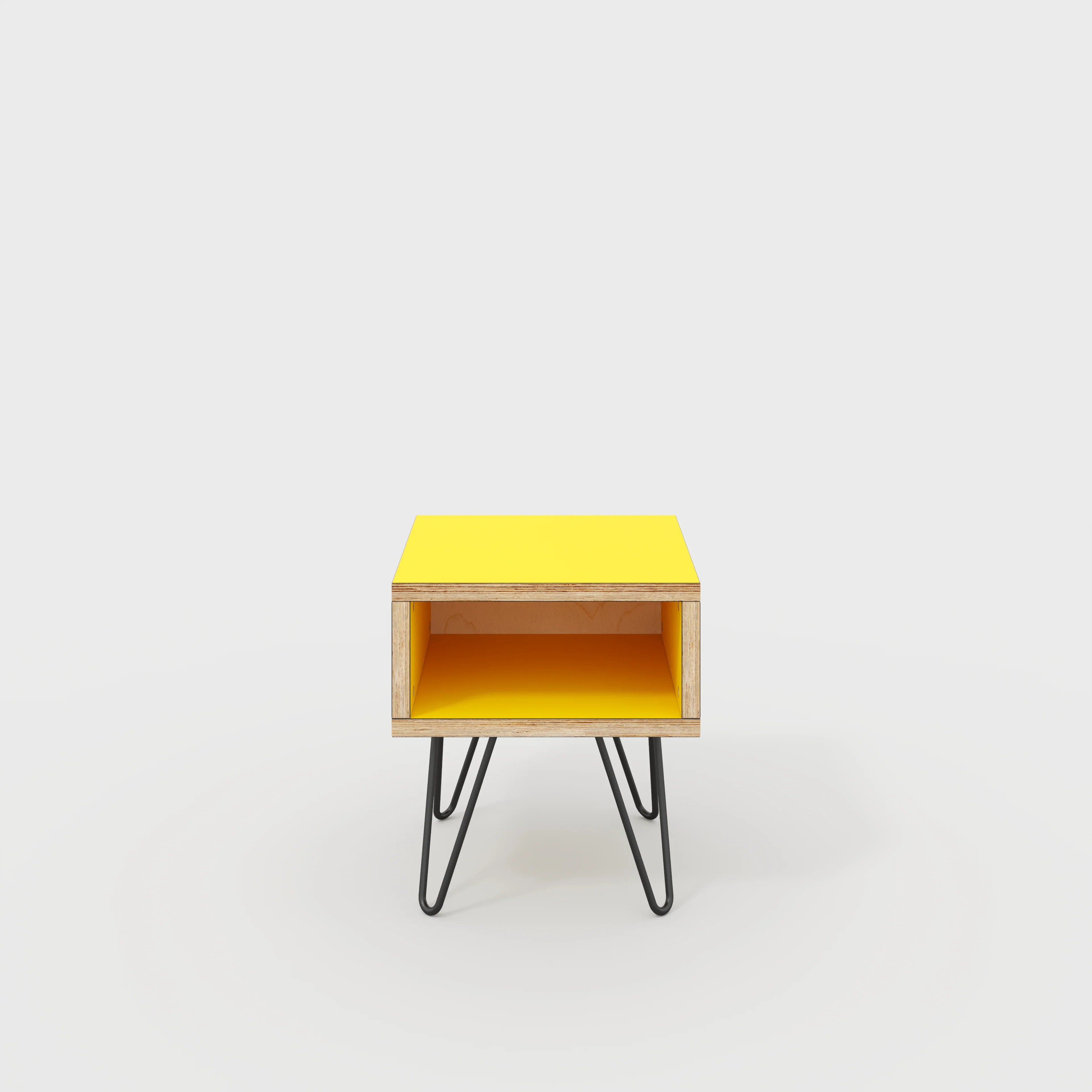 Plywood Bedside Table with Box Storage and Black Hairpin Legs - Formica Chrome Yellow - 400(w) x 400(d) x 450(h)