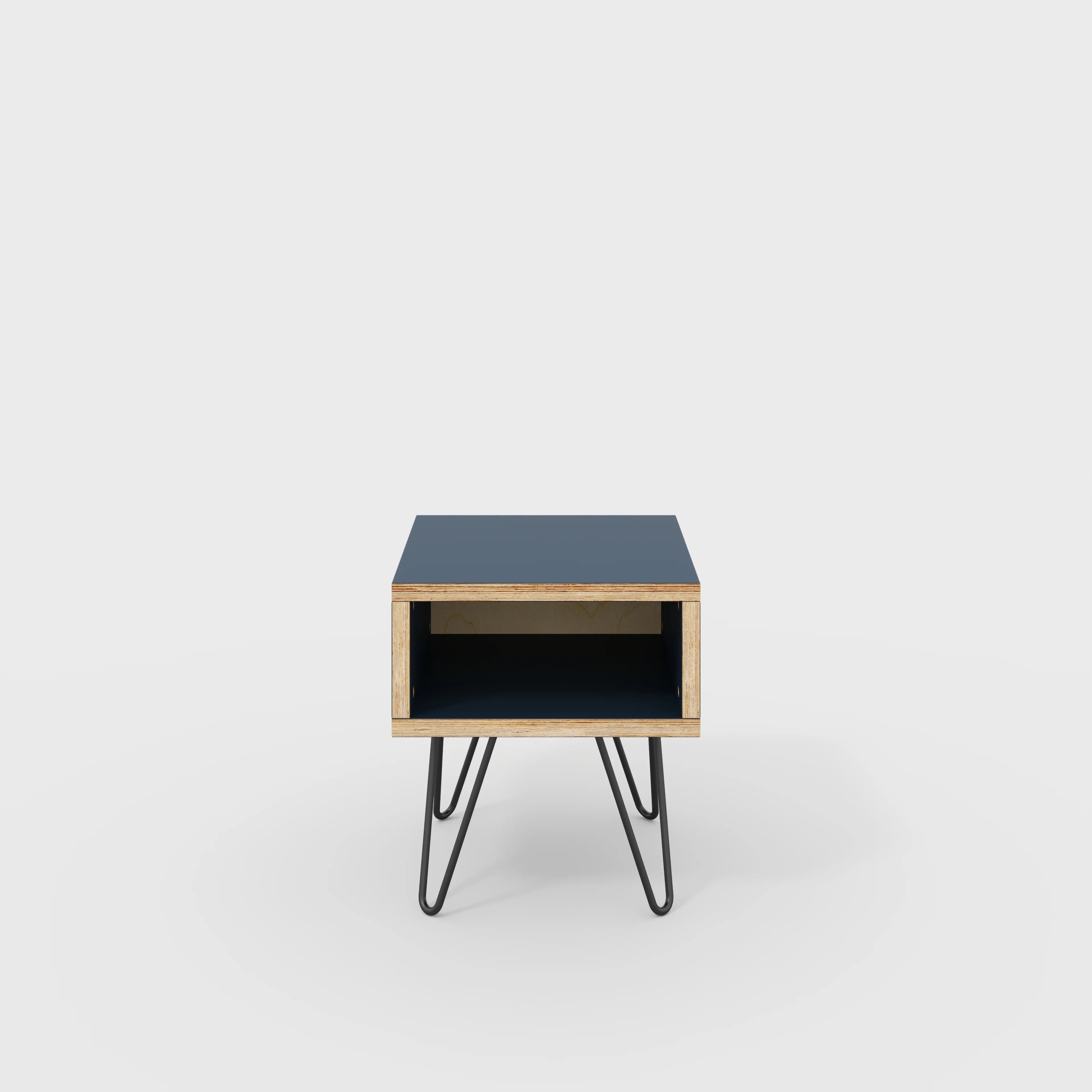 Plywood Bedside Table with Box Storage and Black Hairpin Legs - Formica Night Sea Blue - 400(w) x 400(d) x 450(h)