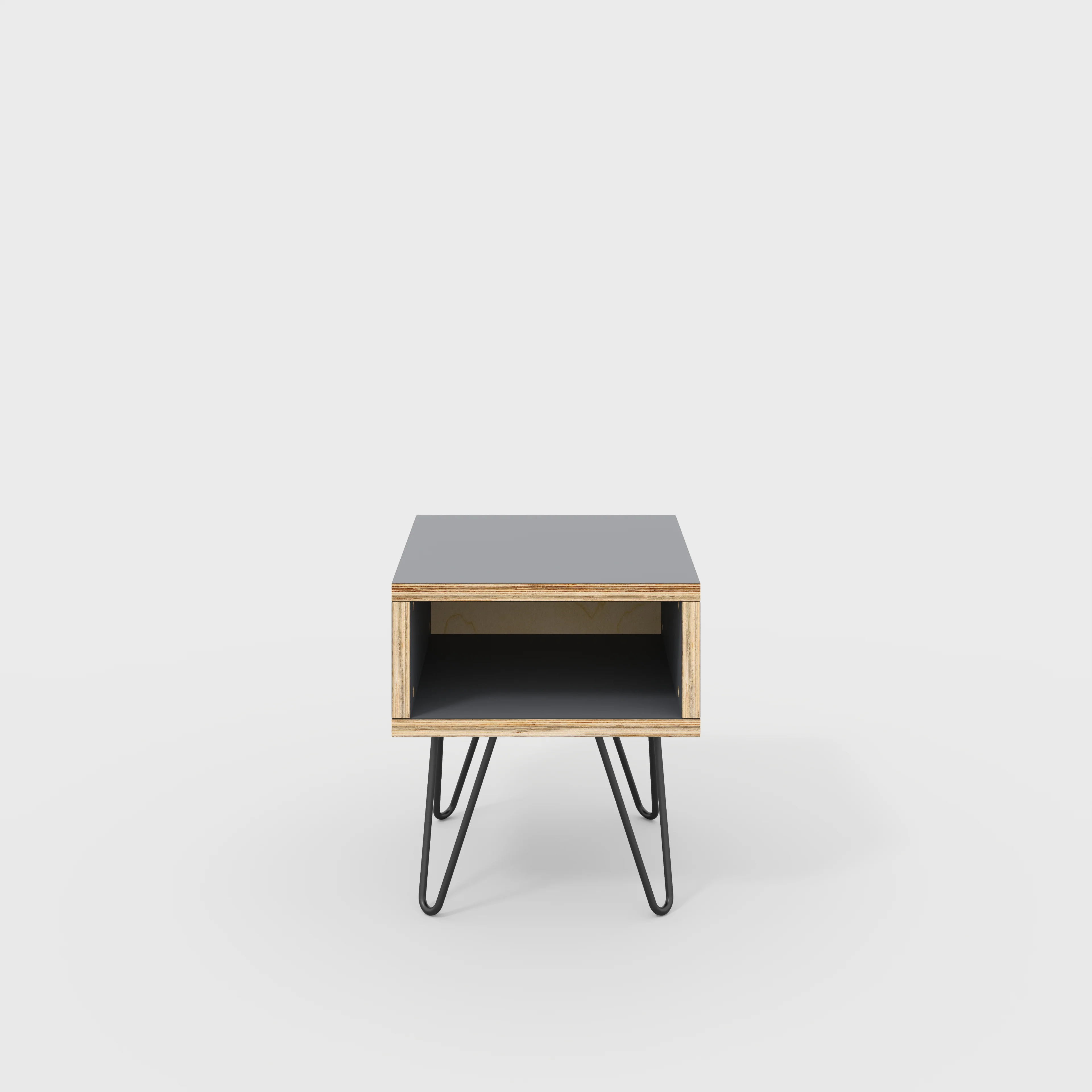 Plywood Bedside Table with Box Storage and Black Hairpin Legs - Formica Tornado Grey - 400(w) x 400(d) x 450(h)