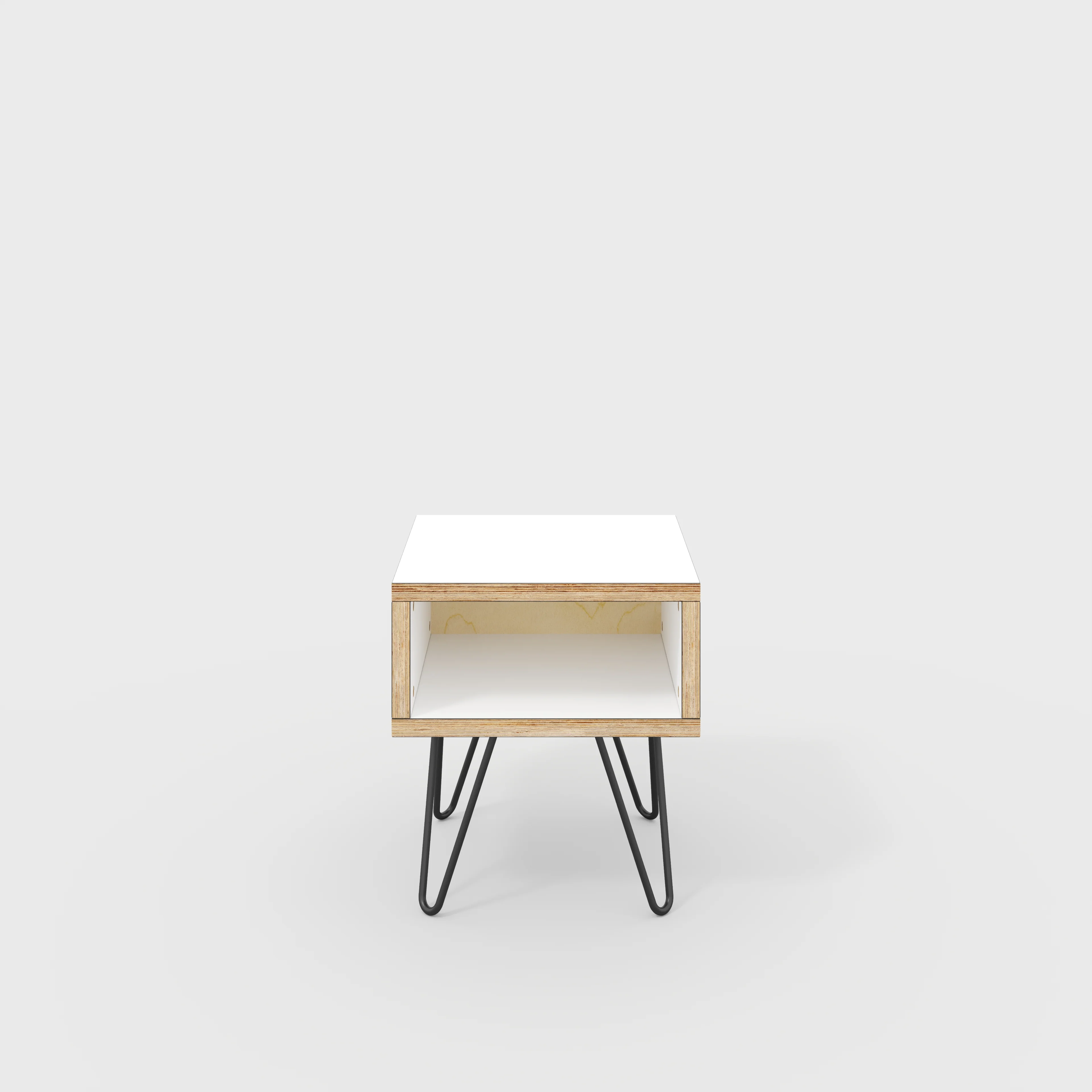 Plywood Bedside Table with Box Storage and Black Hairpin Legs - Formica White - 400(w) x 400(d) x 450(h)