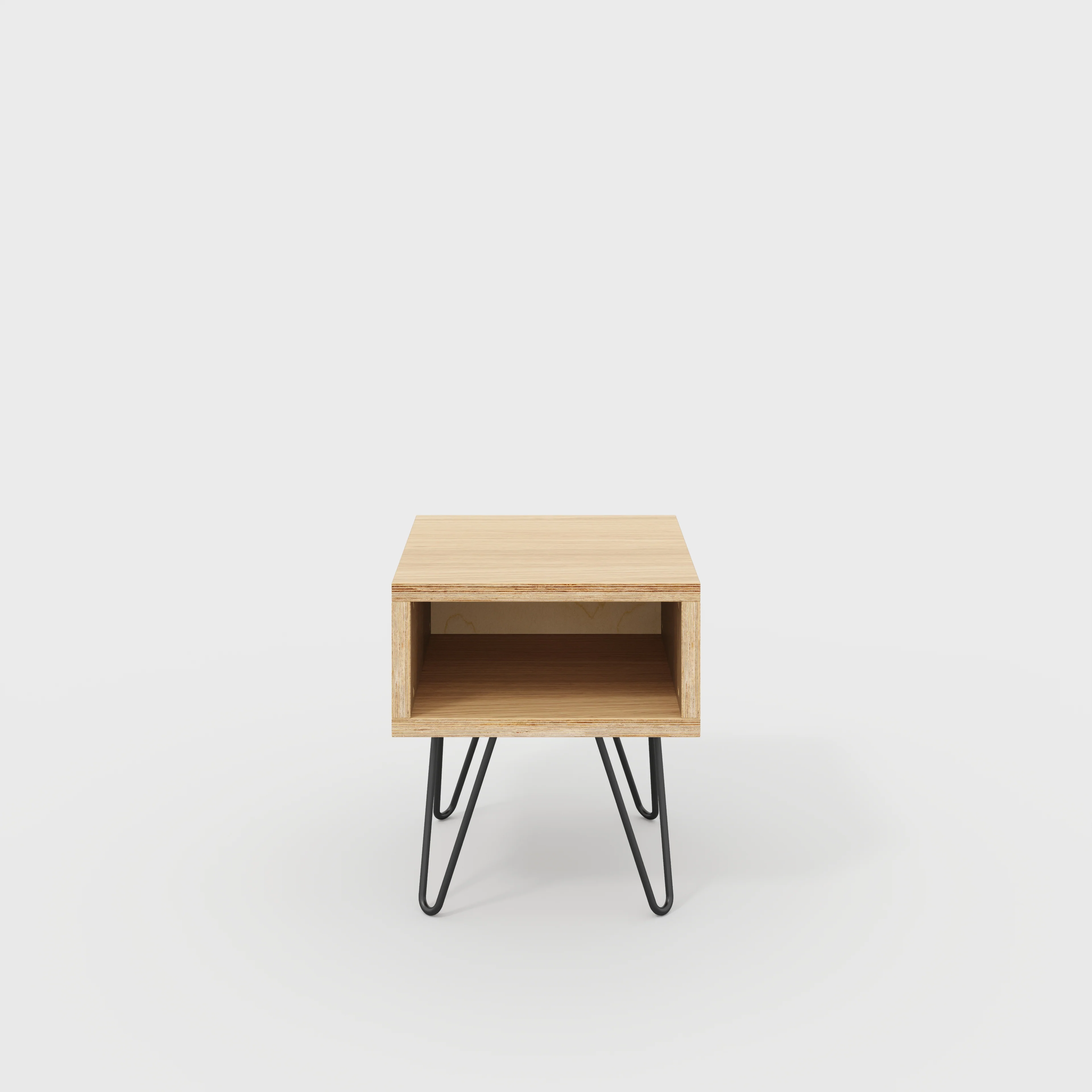 Plywood Bedside Table with Box Storage and Black Hairpin Legs - Plywood Oak - 400(w) x 400(d) x 450(h)