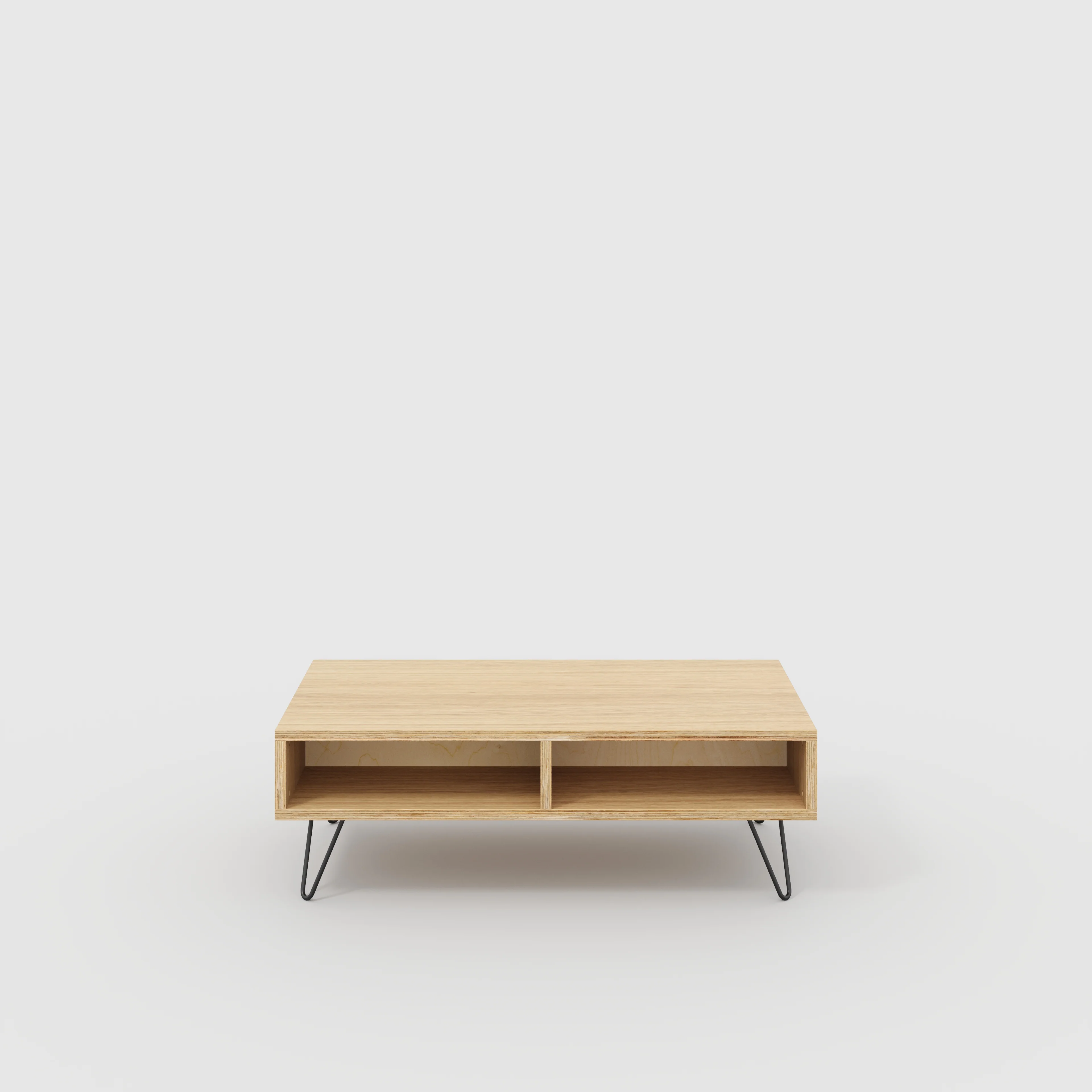 Plywood Coffee Table with Box Storage and Black Hairpin Legs - Plywood Oak - 1200(w) x 600(d) x 400(h)