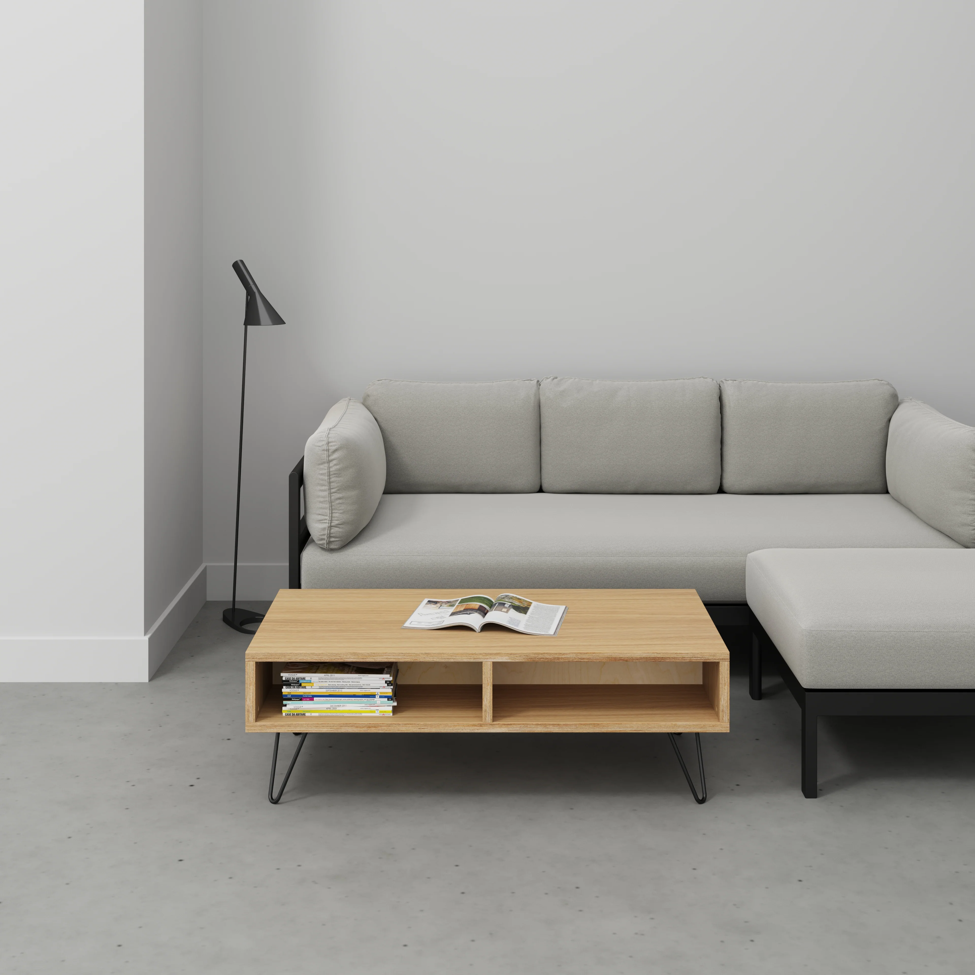 Plywood Coffee Table with Box Storage and Black Hairpin Legs - Plywood Oak - 1200(w) x 600(d) x 400(h) - Image 2