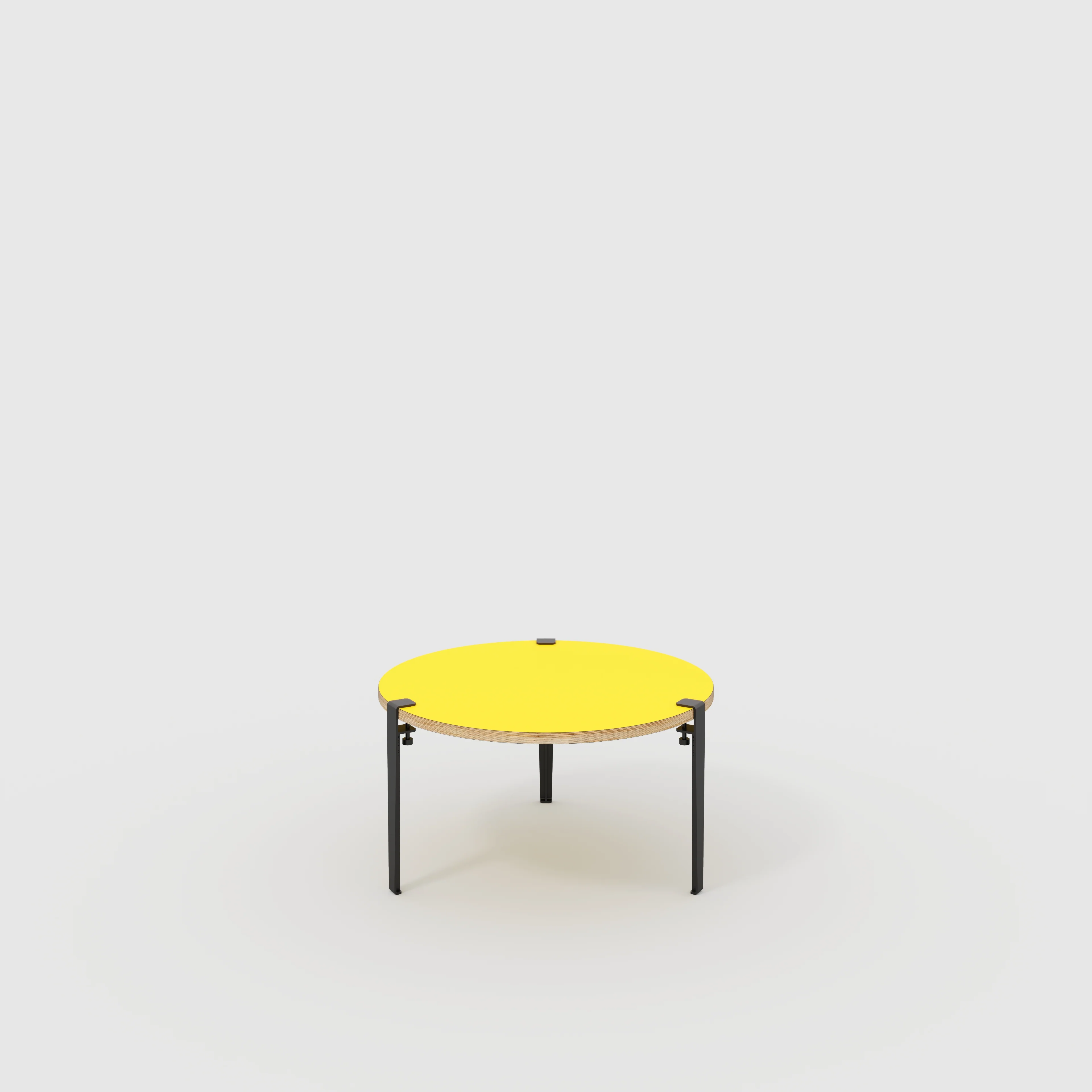 Plywood Round Coffee Table with Black Tiptoe Legs - Formica Chrome Yellow - 800(dia) x 430(h)