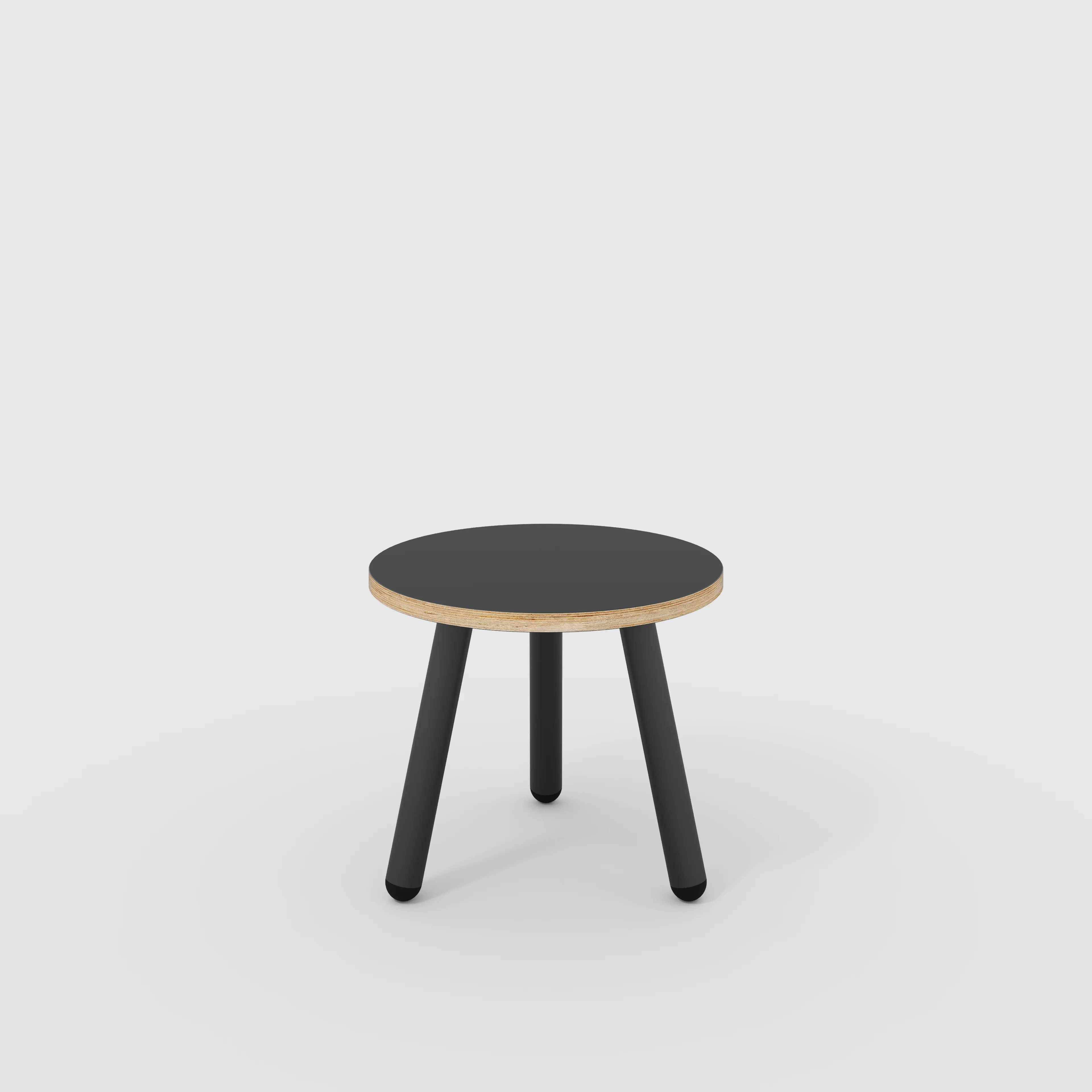 Plywood Round Side Table with Black Round Single Pin Legs - Formica Diamond Black - 500(w) x 500(d) x 425(h)