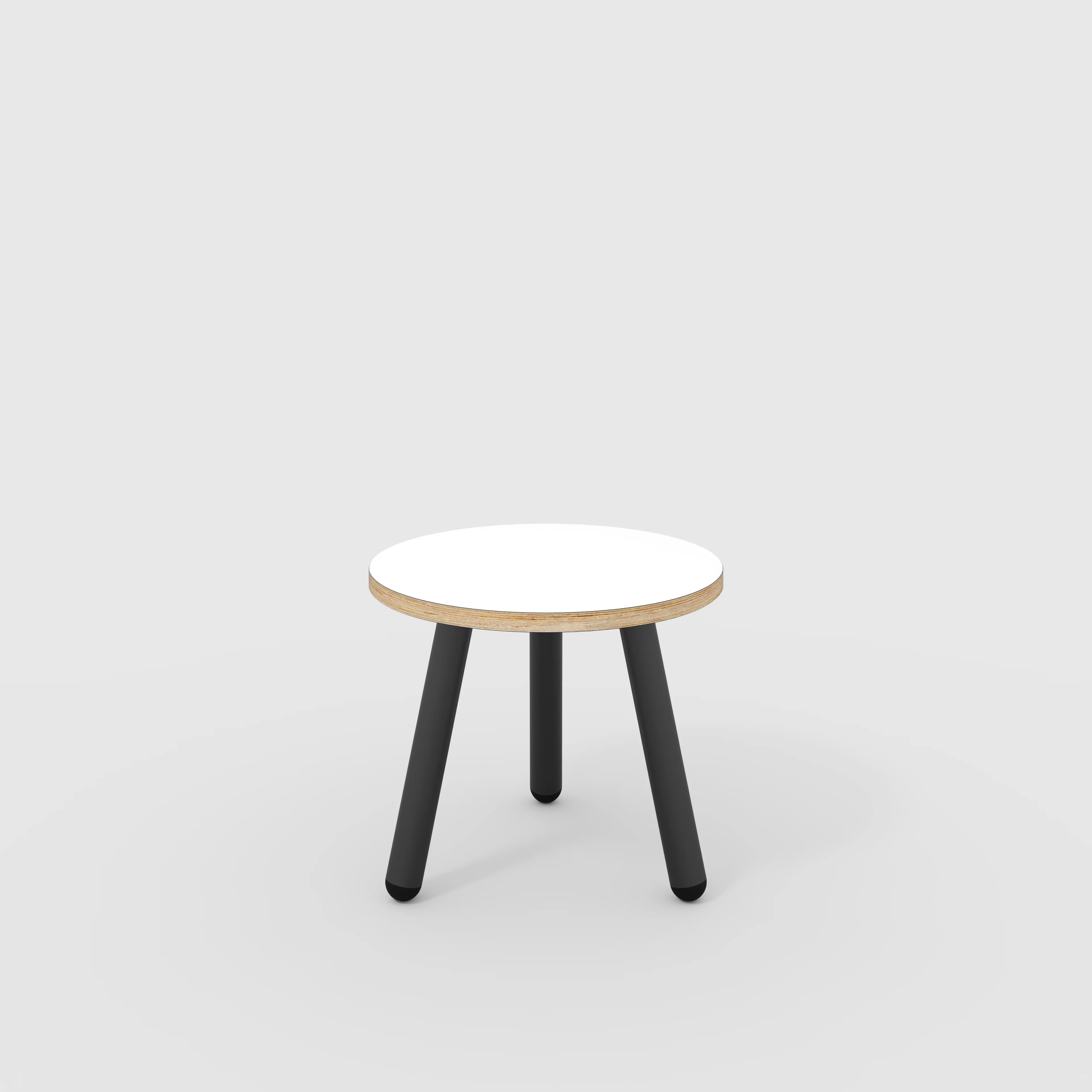 Plywood Round Side Table with Black Round Single Pin Legs - Formica White - 500(w) x 500(d) x 425(h)