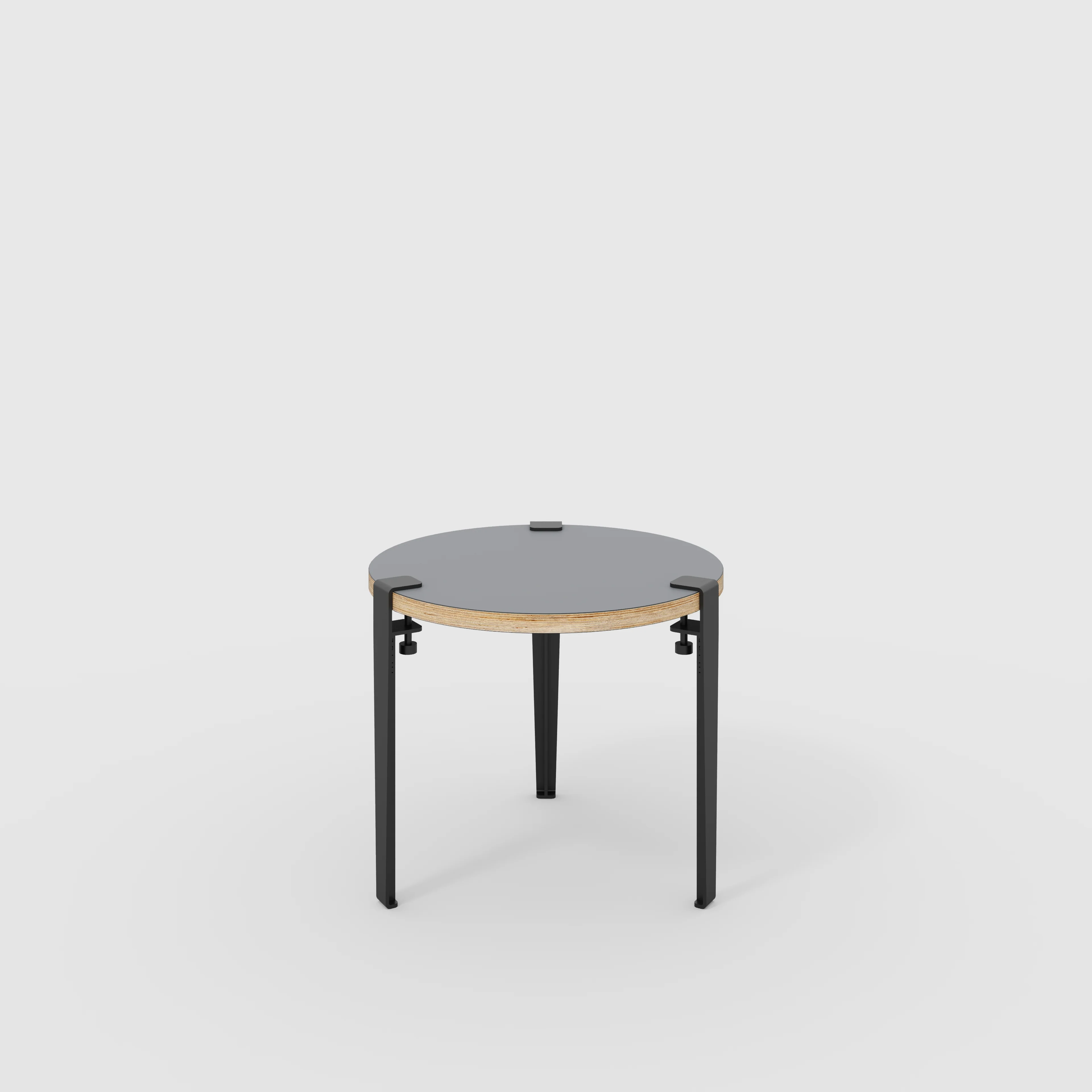 Plywood Round Side Table with Black Tiptoe Legs - Formica Tornado Grey - 500(dia) x 430(h)