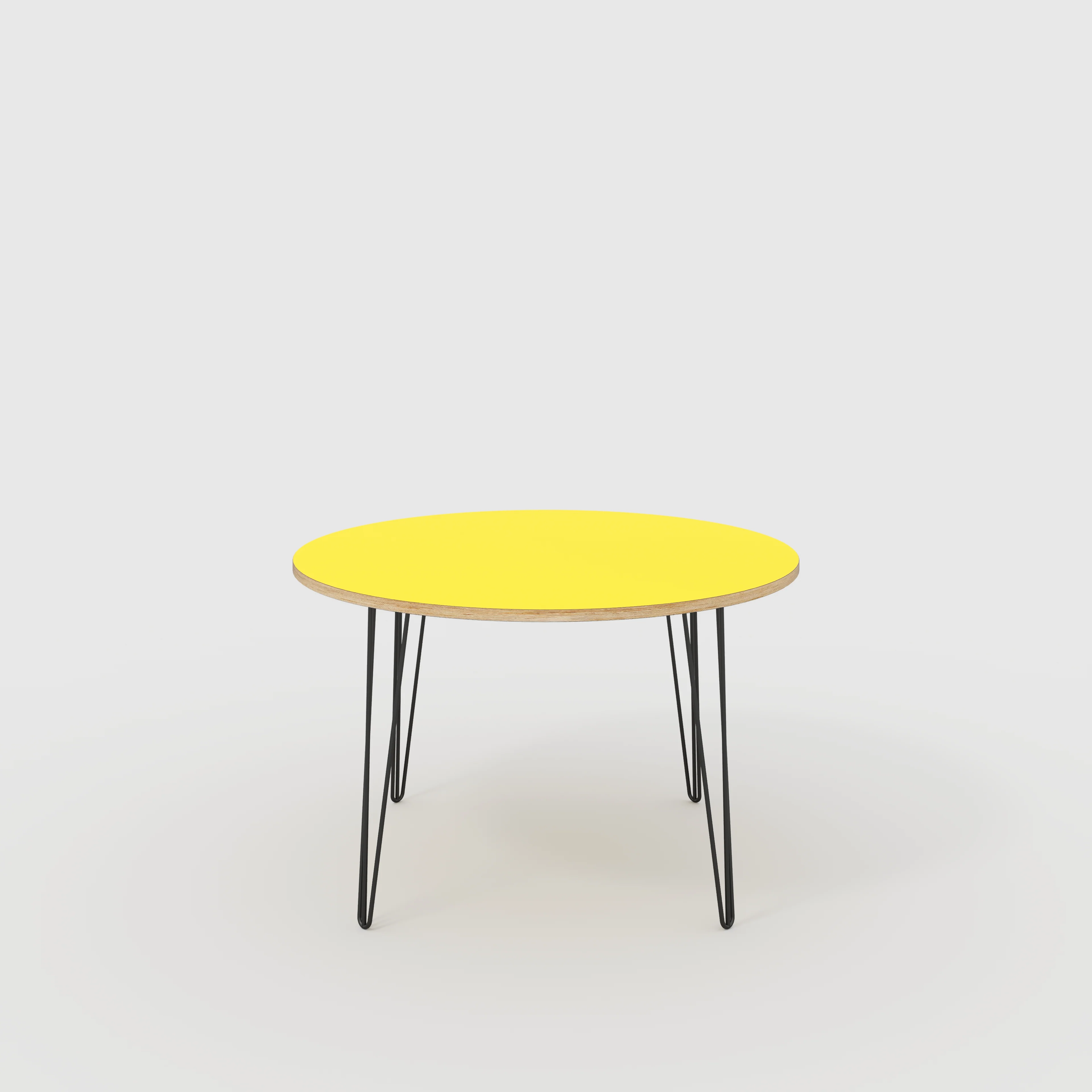 Plywood Round Table with Black Hairpin Legs - Formica Chrome Yellow - 1200(dia) x 735(h)