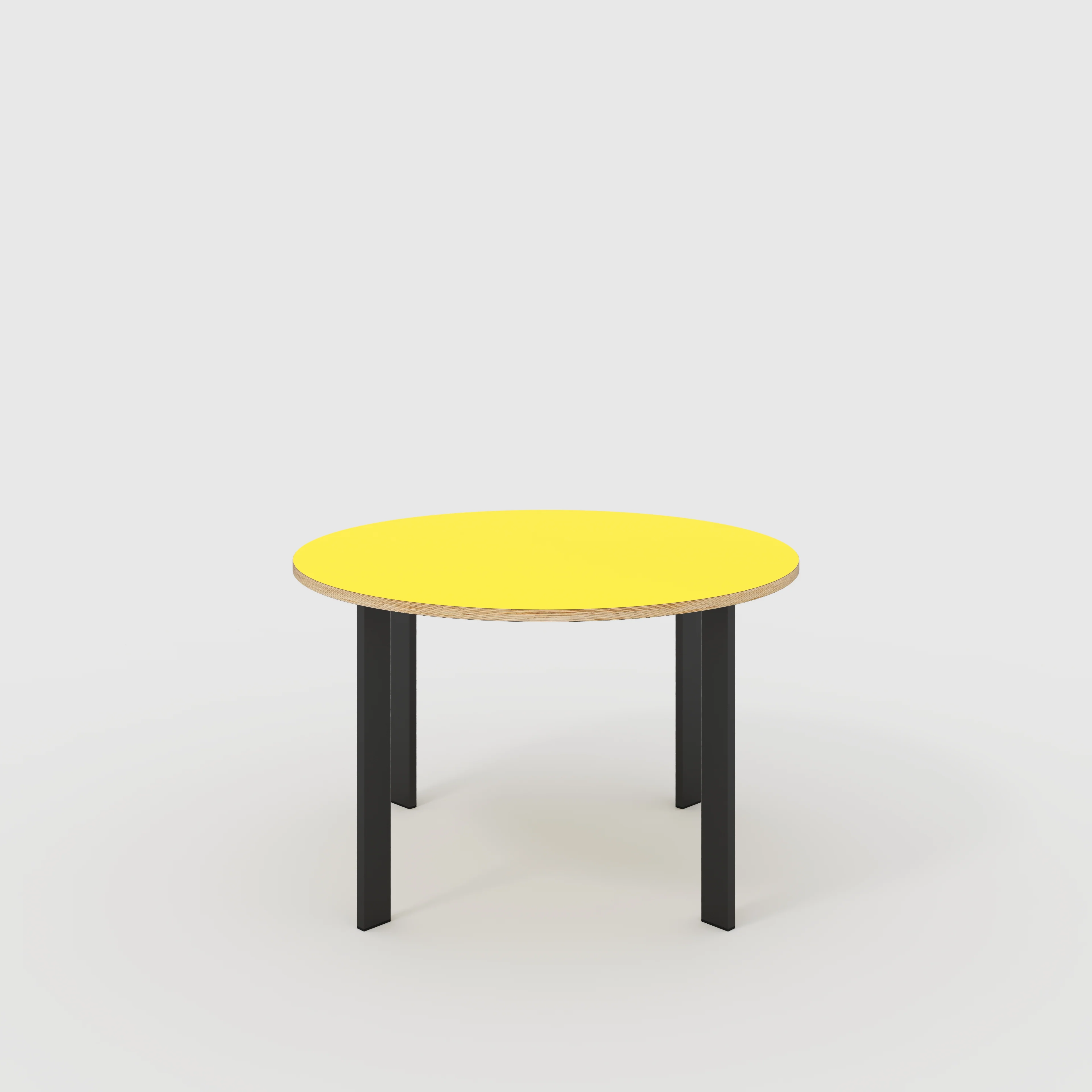 Plywood Round Table with Black Rectangular Single Pin Legs - Formica Chrome Yellow - 1200(dia) x 735(h)