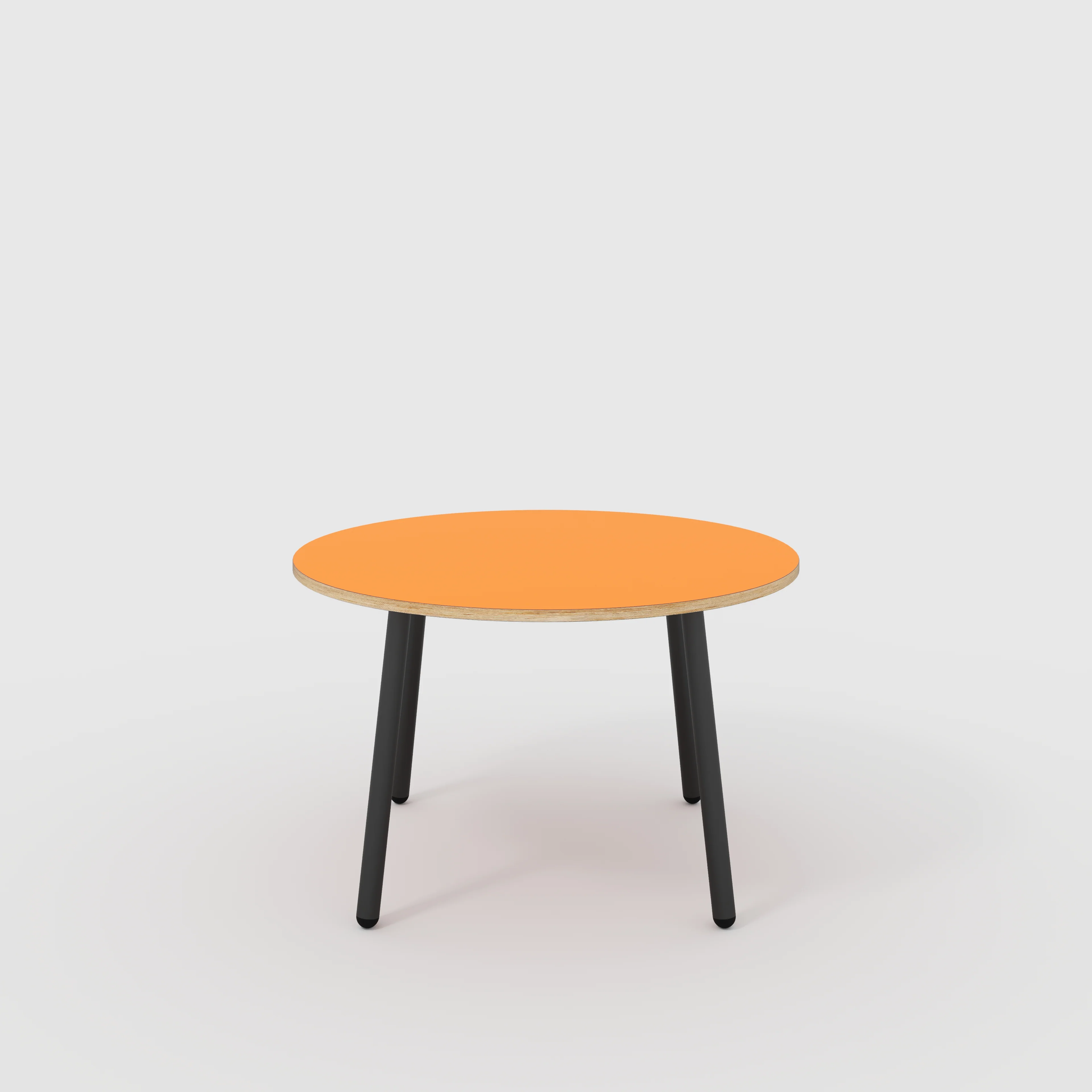 Plywood Round Table with Black Round Single Pin Legs - Formica Levante Orange - 1200(dia) x 735(h)