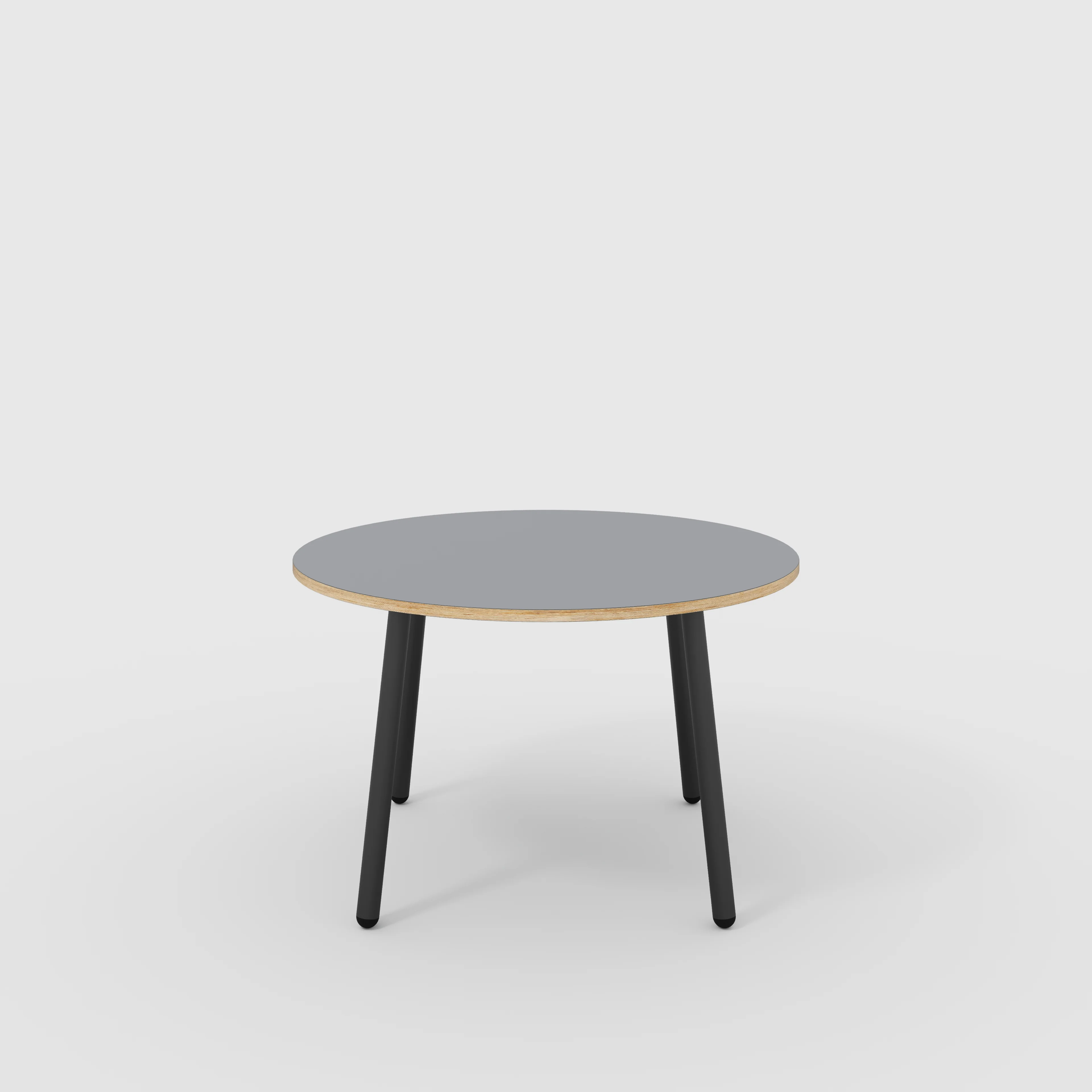 Plywood Round Table with Black Round Single Pin Legs - Formica Tornado Grey - 1200(dia) x 735(h)