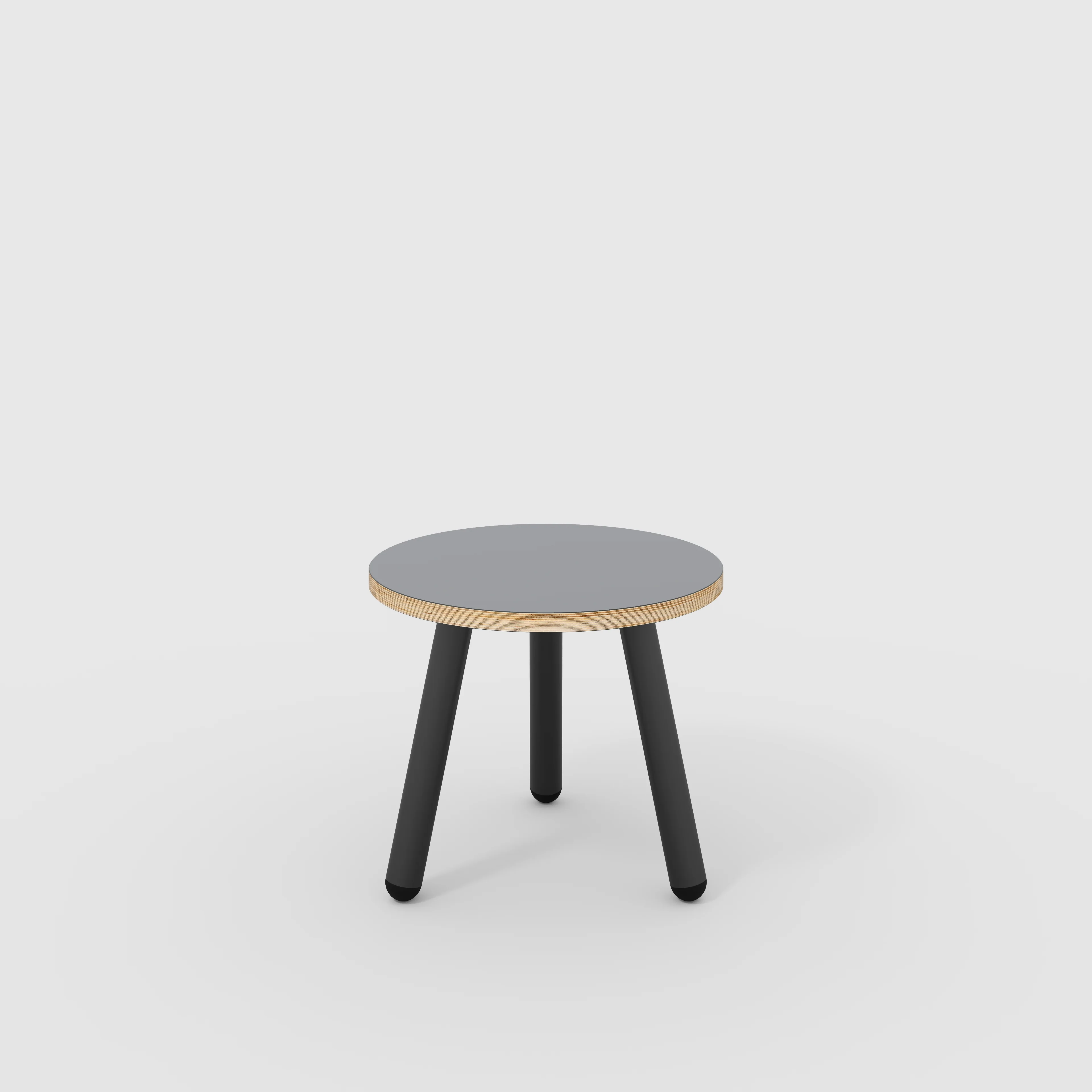 Plywood Round Side Table with Black Round Single Pin Legs - Formica Tornado Grey - 500(w) x 500(d) x 425(h)