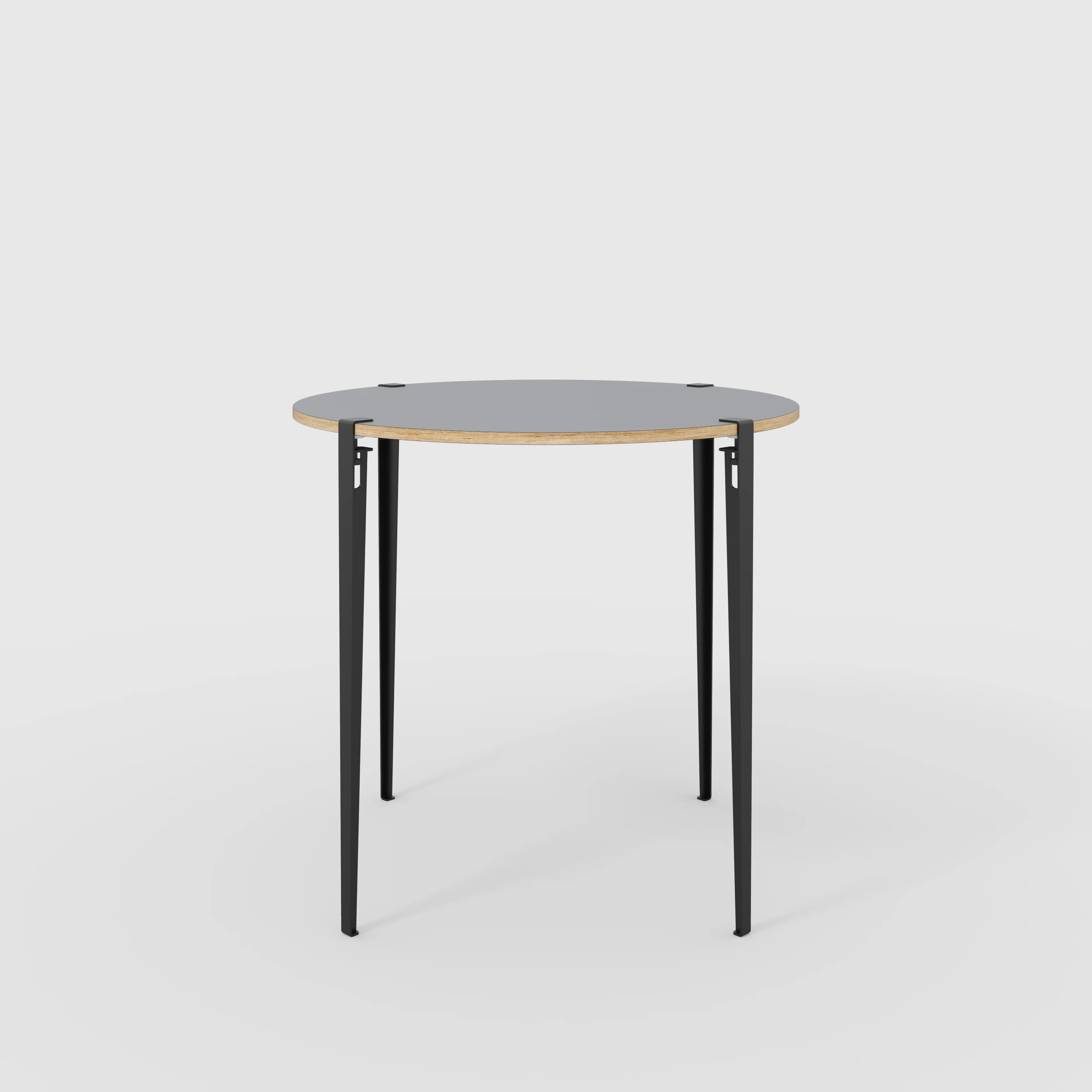 Plywood Round Table with Black Tiptoe Legs - Formica Tornado Grey - 1200(dia) x 1100(h)