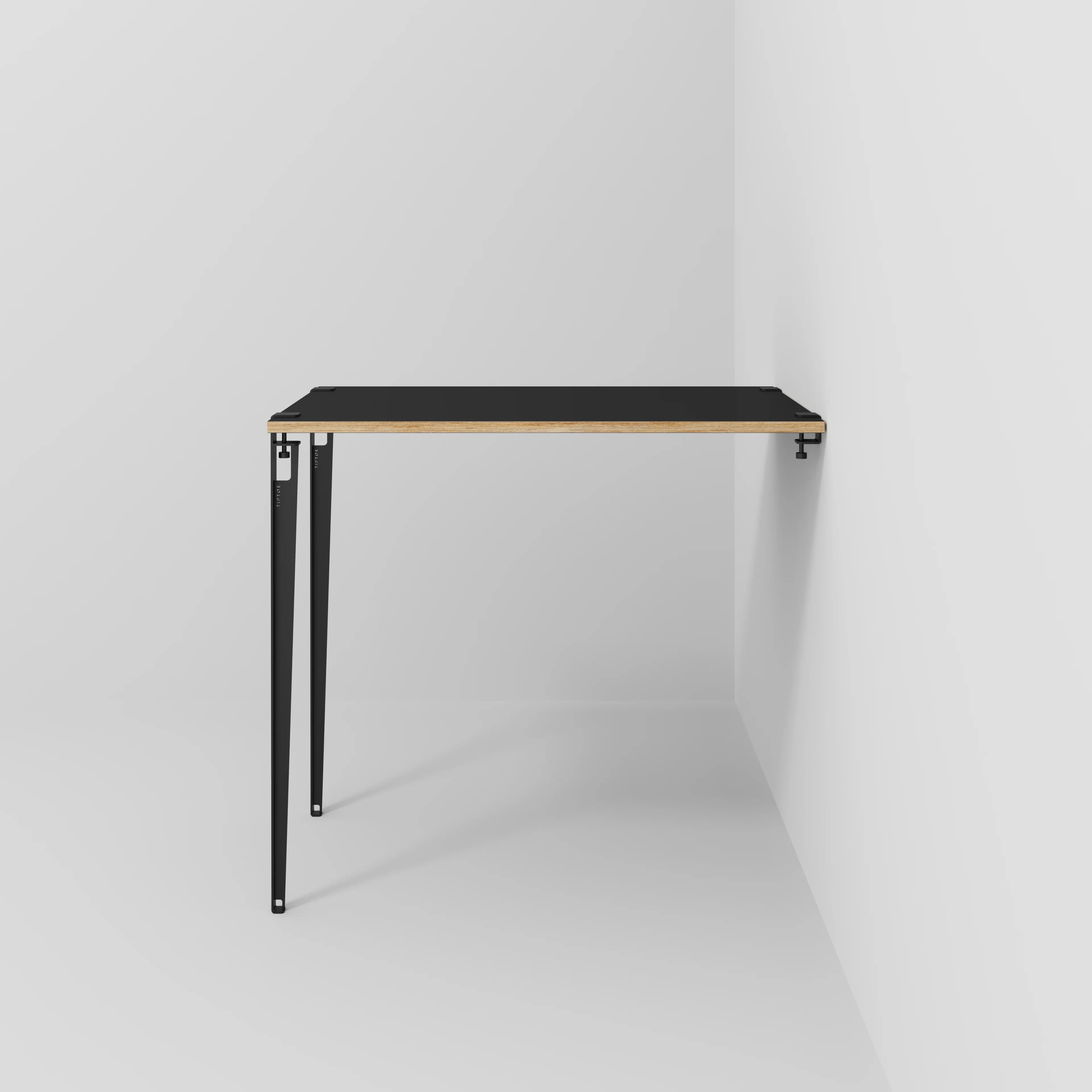 Plywood Wall Table with Black Tiptoe Legs and Brackets - Formica Diamond Black - 1200(w) x 800(d) x 1100(h)