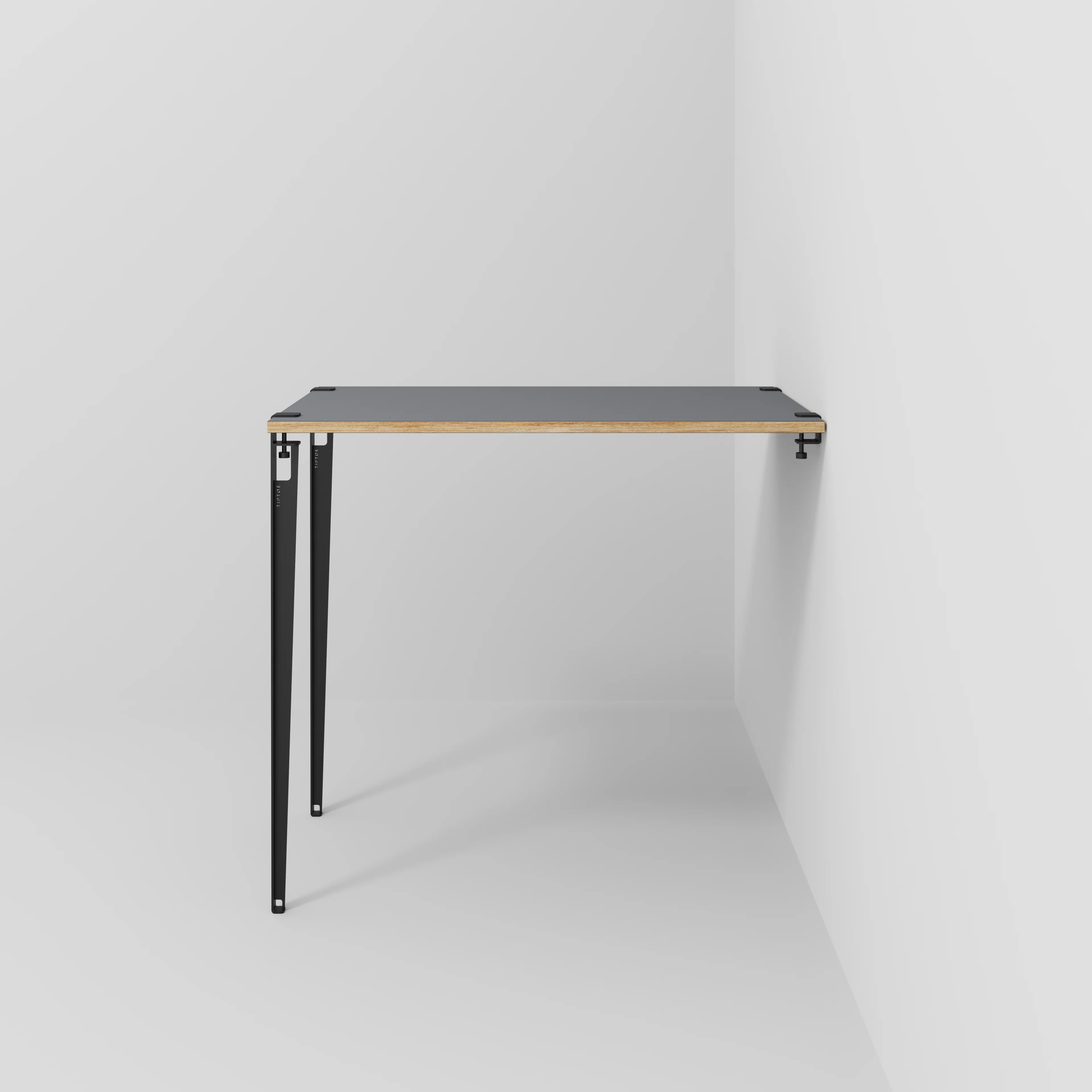Plywood Wall Table with Black Tiptoe Legs and Brackets - Formica Tornado Grey - 1200(w) x 800(d) x 1100(h)